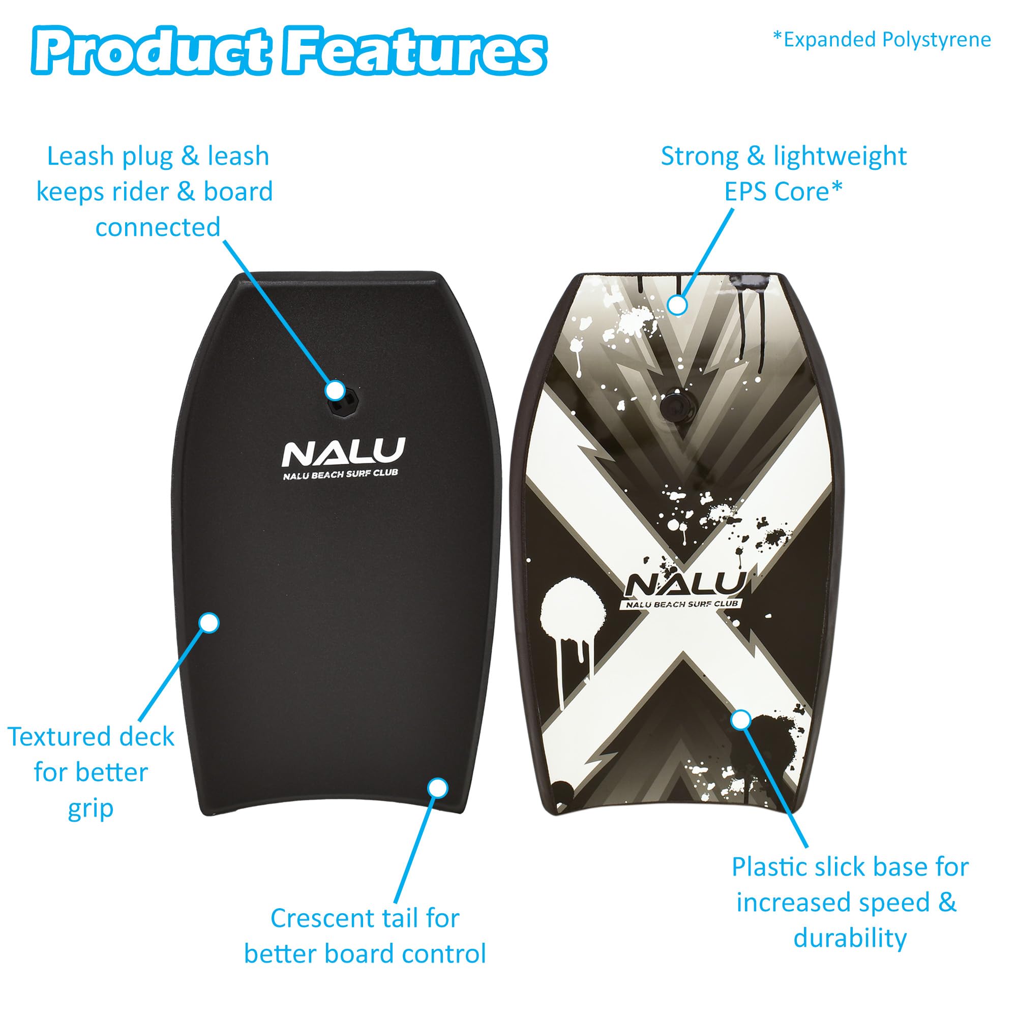 Nalu Bodyboard Cross Bodyboard en EPS avec laisse et bouchon Noir 104,1 cm