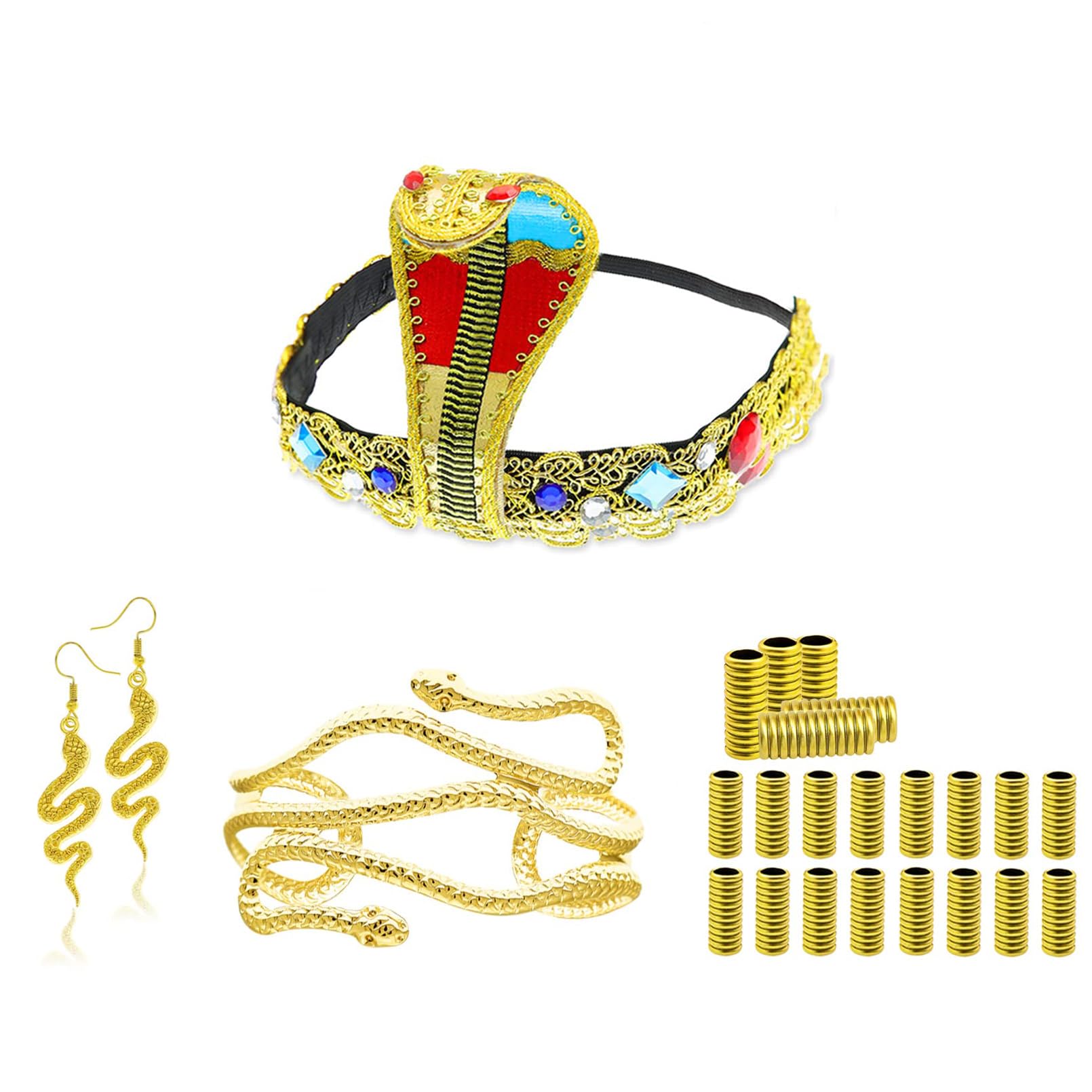 KASTWAVE Egyptian Costume Accessories Set - Cleopatra Headpiece, Snake Jewelry, Golden Arm Cuff, Earrings - 25 Pieces for Women Girls Cosplay