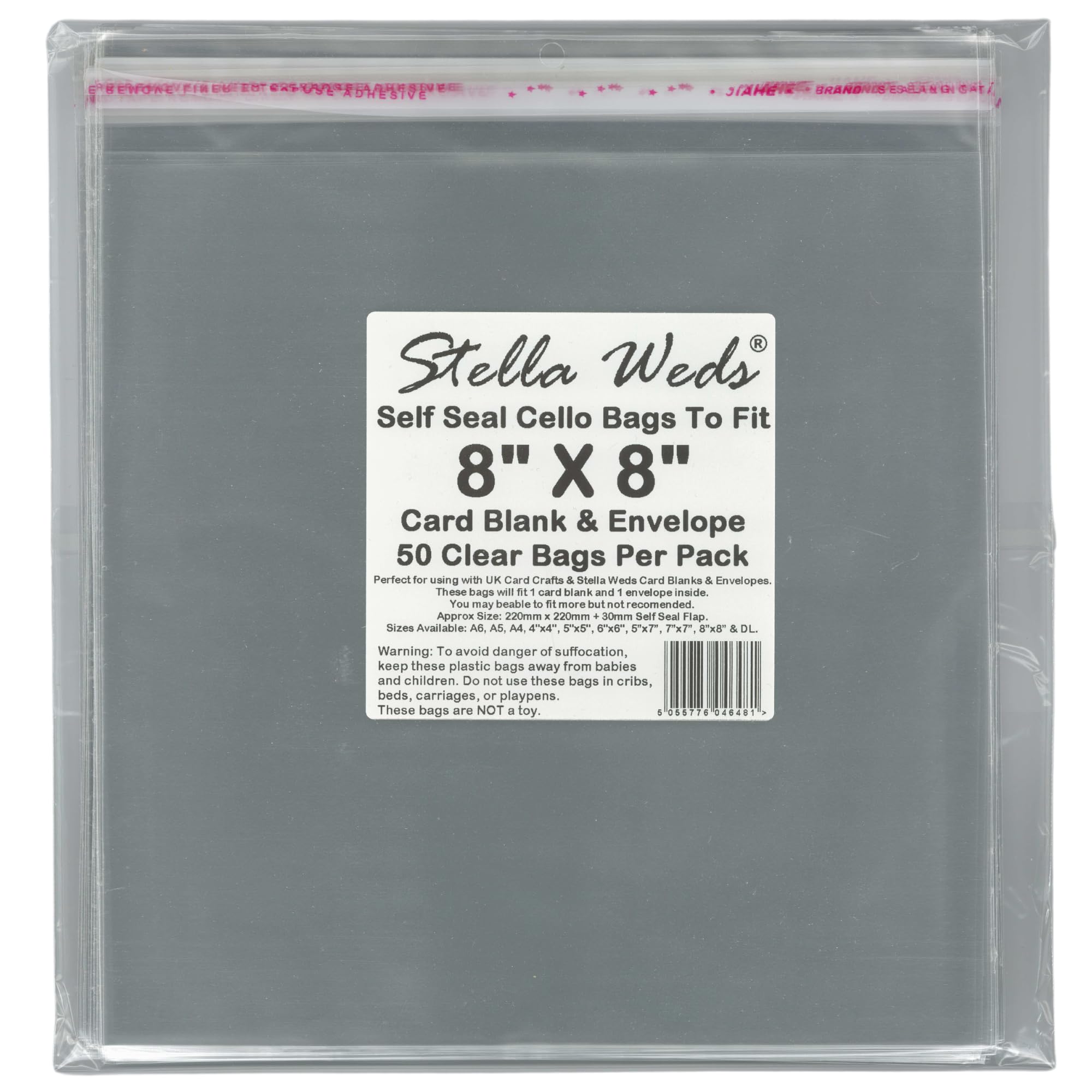 Stella Weds Clear Self Seal Bags To Fit 8X8 Card Blank & Envelope X 50 Per Pack - Cello Packing Bags, Cookies, Sweets, Gifts, Jewellery