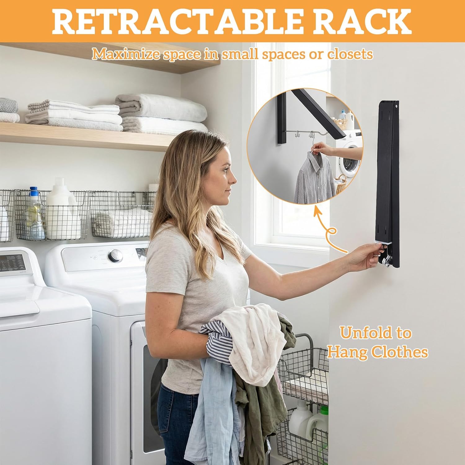 2 Pack Clothes Drying Rack, Wall Mounted Retractable Laundry Rack, 60LBS Heavy Duty Aluminum Foldable Clothes Hanger for Laundry Room, Bathroom, RV, Indoor & Outdoor Use, Drill-Free Installation