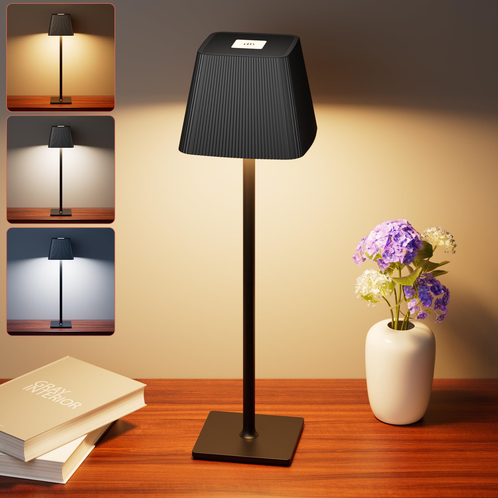 Nulmvic Lampada da Tavolo Senza Fili Ricaricabile - 5200mAh Lampada LED Dimmable Touch Control 3 Temperatura Colore - Materiale Metallico IP54 Impermeabile per Interno Esterno Camera Bar (Nero)