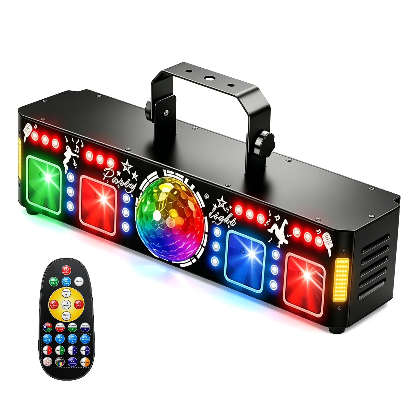 Luz DJ disco con control musical compatible DMX512, luces de escenario con estroboscopio, UV y bola de espejos, con mando a distancia, para club, bodas, Halloween, fiestas y uso doméstico