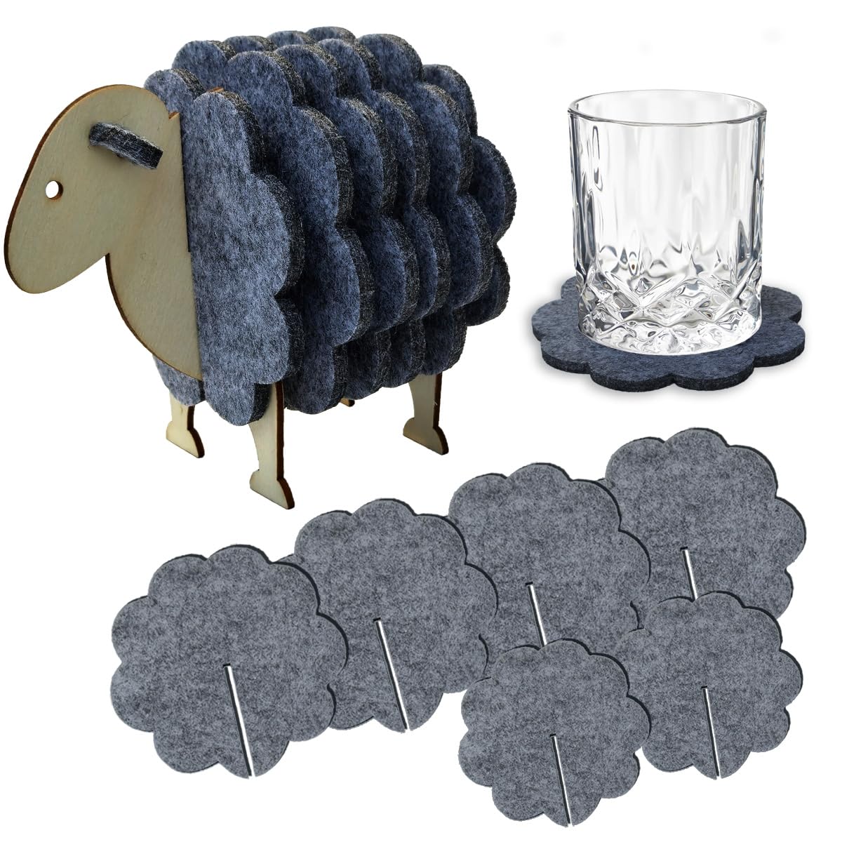 WangsLICHT Filz Untersetzer Set 6-teilig – Untersetzer in Schaf-Form mit Holzständer & Geschenkbox – Nachhaltige Tischdeko - Ostergeschenk - Gastgeschenk (Grau)