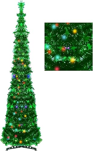 Árbol de Navidad artificial con 100 luces de color, árbol de Navidad plegable de oropel de 5 pies, decoraciones de Navidad para el hogar, chimenea,