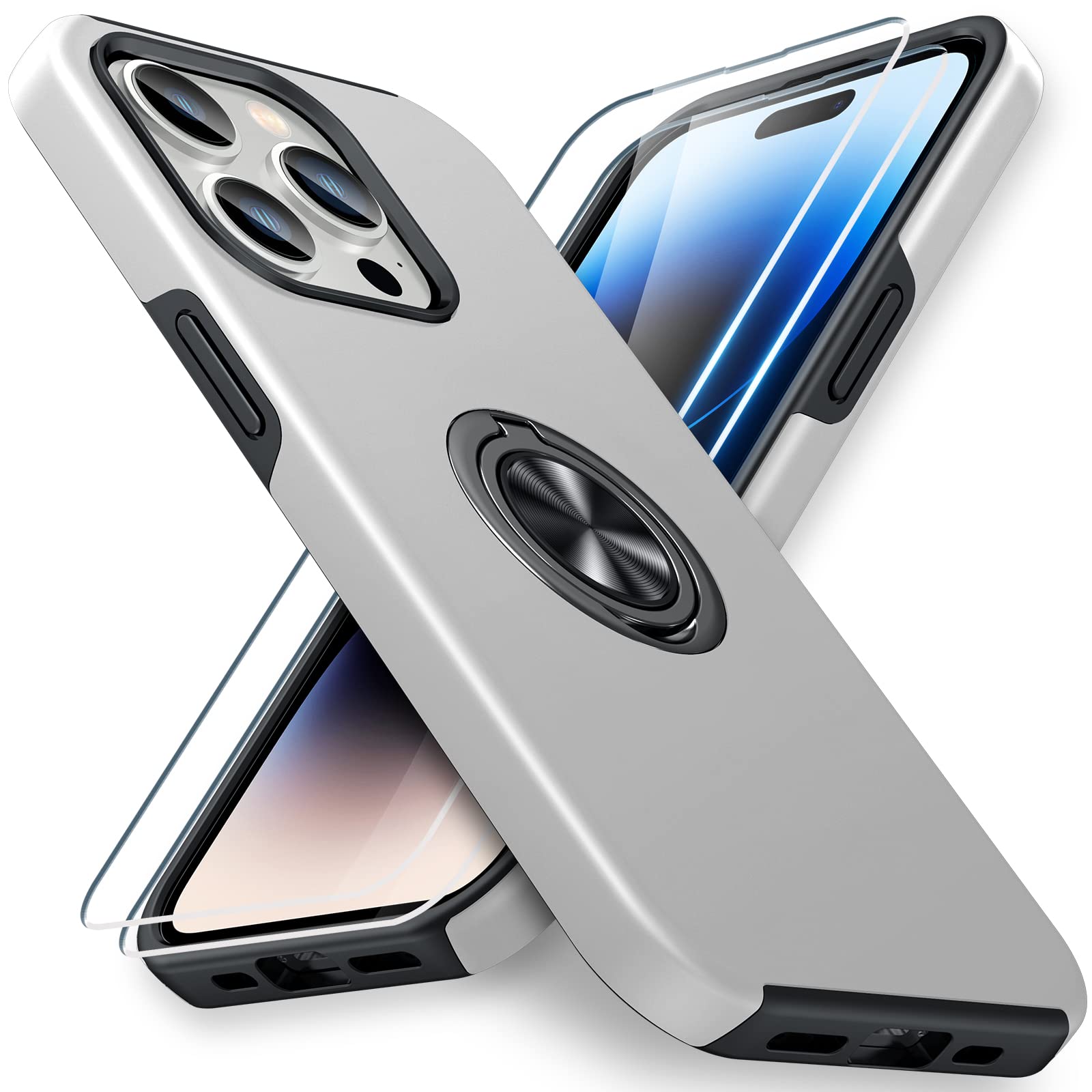 JAME Designed Case for iPhone 14 Pro, [Military-Grade Drop Tested][2Pack Tempered Glass Screen Protector] Slim Fit Protective Invisible Ring Stand Case Compatible for iPhone 14 Pro Case,Silver