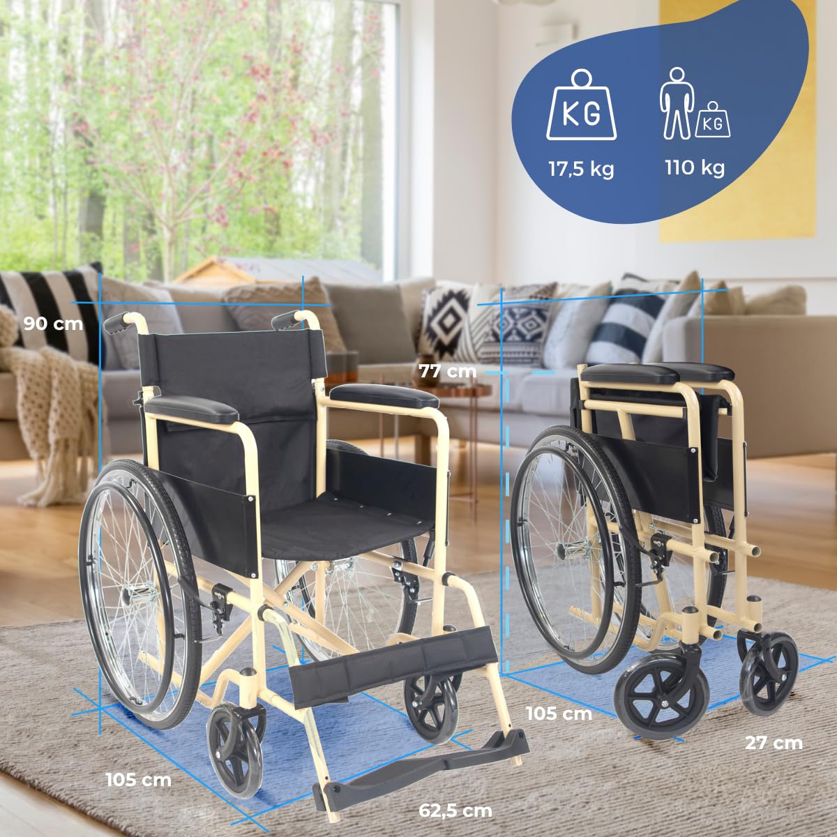 Mobiclinic®, Wózek inwalidzki składany, Denver, Siedzisko 46 cm, Hamulec ręczny, Zdejmowane oparcie, Składany podnóżek, Odporny, Dla niepełnosprawnych, Kremowo-czarny