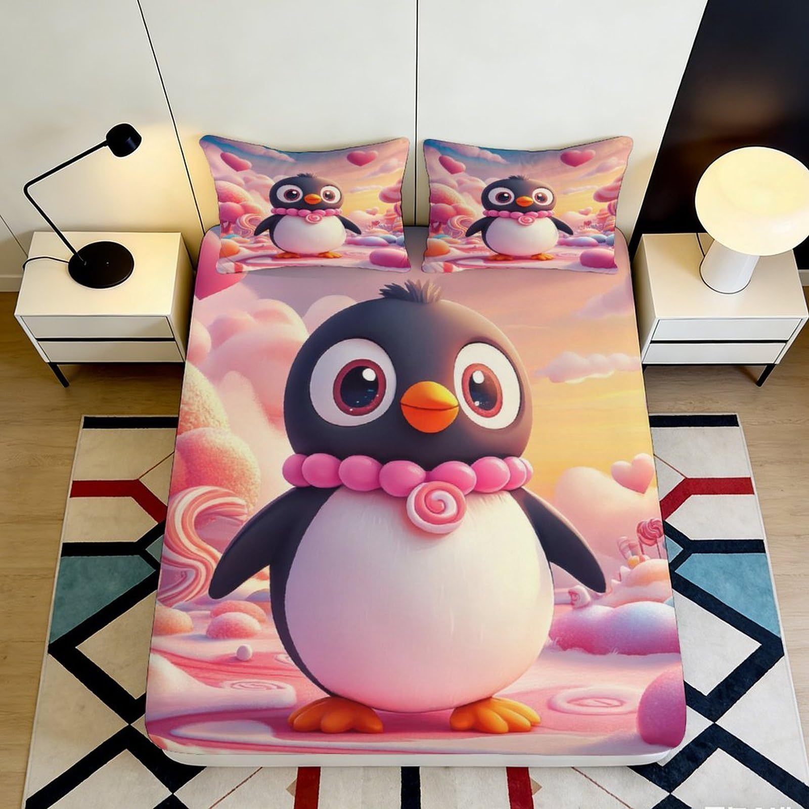 3D Printed Cute Penguin Fitted Sheet Microfiber Soft Pink Cloud Cartoon Bed Sheet for Bedroom Guest Room Dorm Decor 90x200x25cm