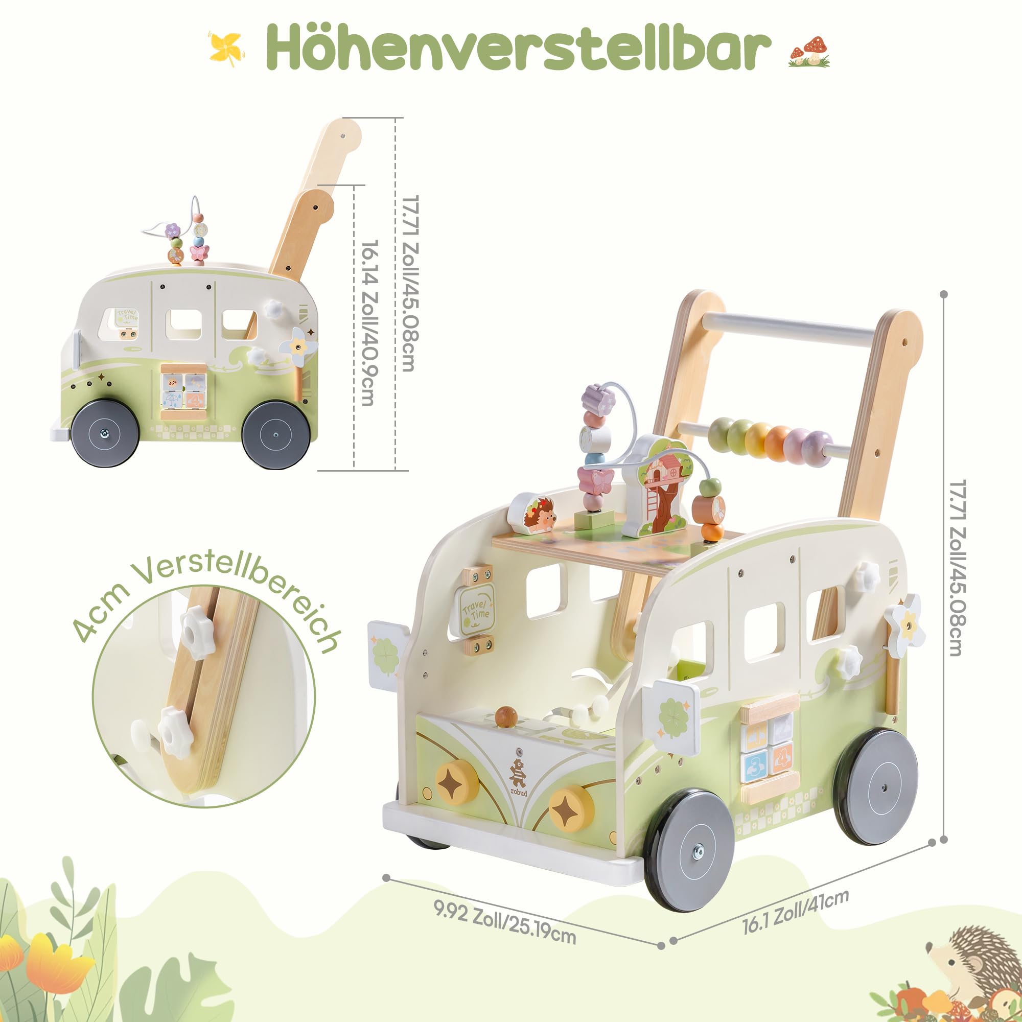 ROBUD Baby Lauflernhilfe Holz, Interaktiver Lauflernwagen, Einstellbare Geschwindigkeit & Höhe Baby Walker, Motorikspielzeug Geschenk für Kleinkinder ab 10 Monaten-1-2 Jahren