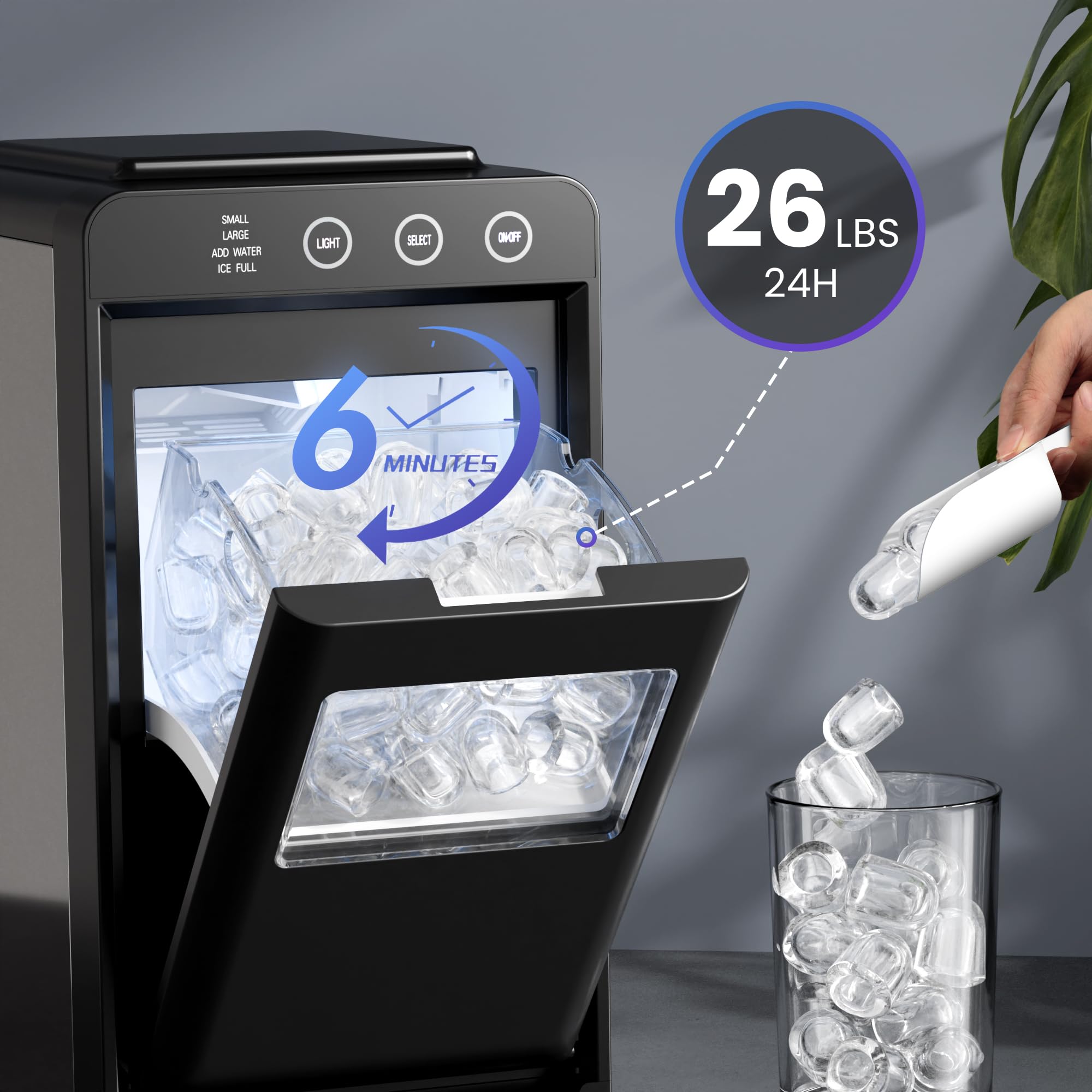 Electactic Ice Makers Countertop,26Lbs/24H,8Pcs in 6Mins,Portable Ice Maker Machine with Self-Cleaning,Interior Lighting,2 Sizes of Bullet Ice for Home/Office/Party(Black) on Fridge.com