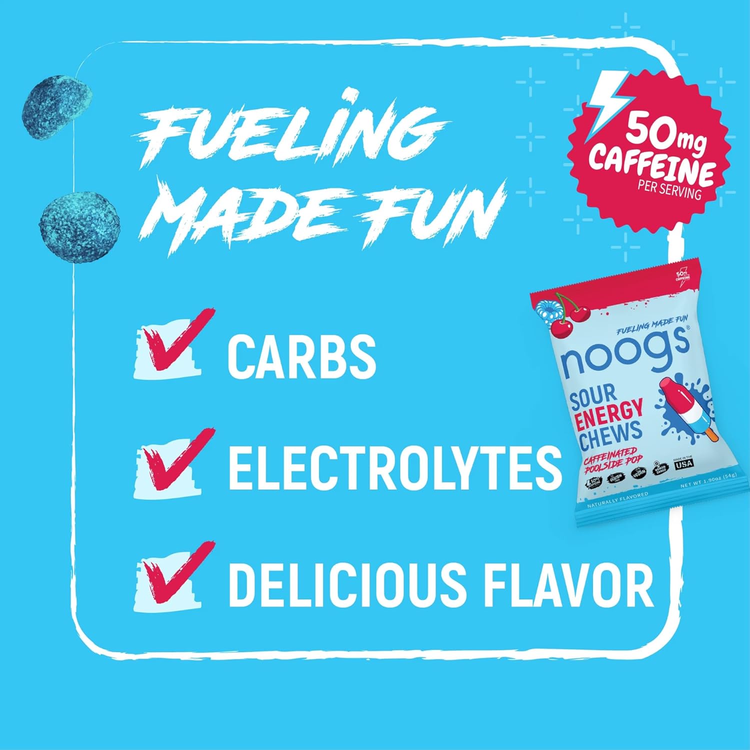 Noogs Sour Energy Chews, Poolside Pop Caffeinated Electrolyte Energy Gummies, 50mg Green Tea Caffeine, Popsicle Flavored Alternative to Running Gels, Vegan & Gluten Free, 12 Pack