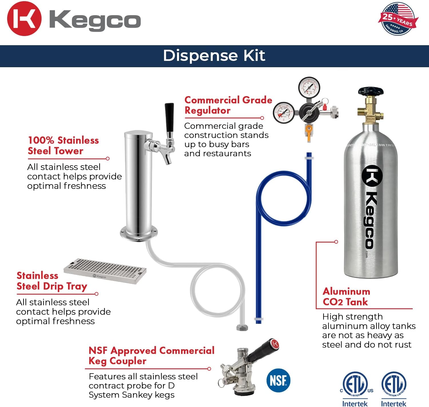Kegco 24" Wide Single Tap Stainless Steel Built-In Left Hinge Kegerator with Dispense Kit