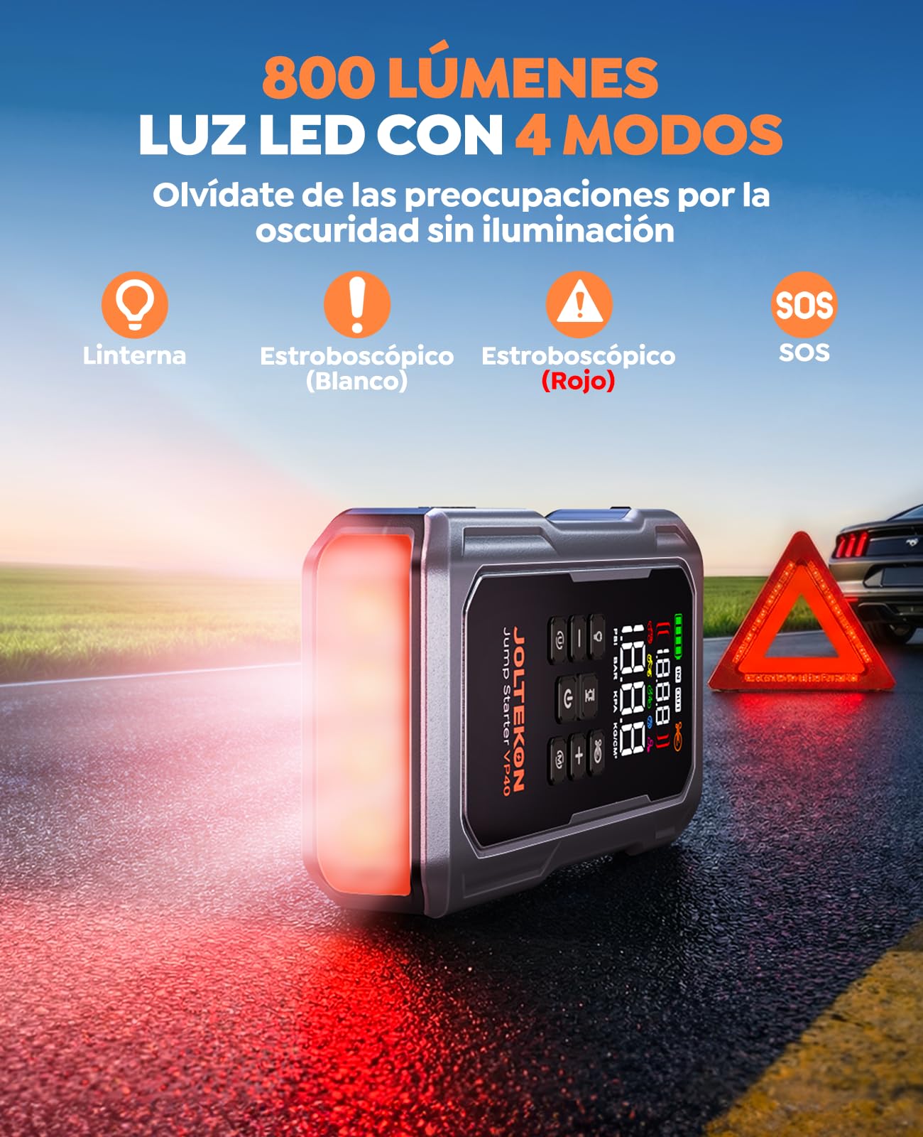 Arrancador de Baterías de Coche con Compresor de Aire y Soplador, 7000A Joltekon 12V Arrancador de Coche Portatil (Todo Gas/12,0L Diesel) con 160PSI Inflador, Soplador de Inflado/Desinflado y Linterna