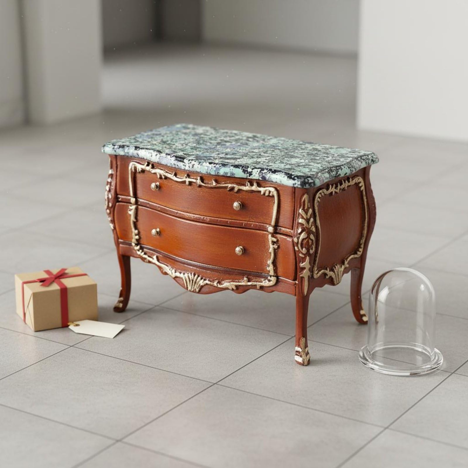 Mini Armoire Cabinet Miniature Commode Meuble Poupée Rangement avec Deux Tiroirs Sculptés Style Régence Jambes Courbes Convient aux Salons et Chambres Miniatures, Blanc