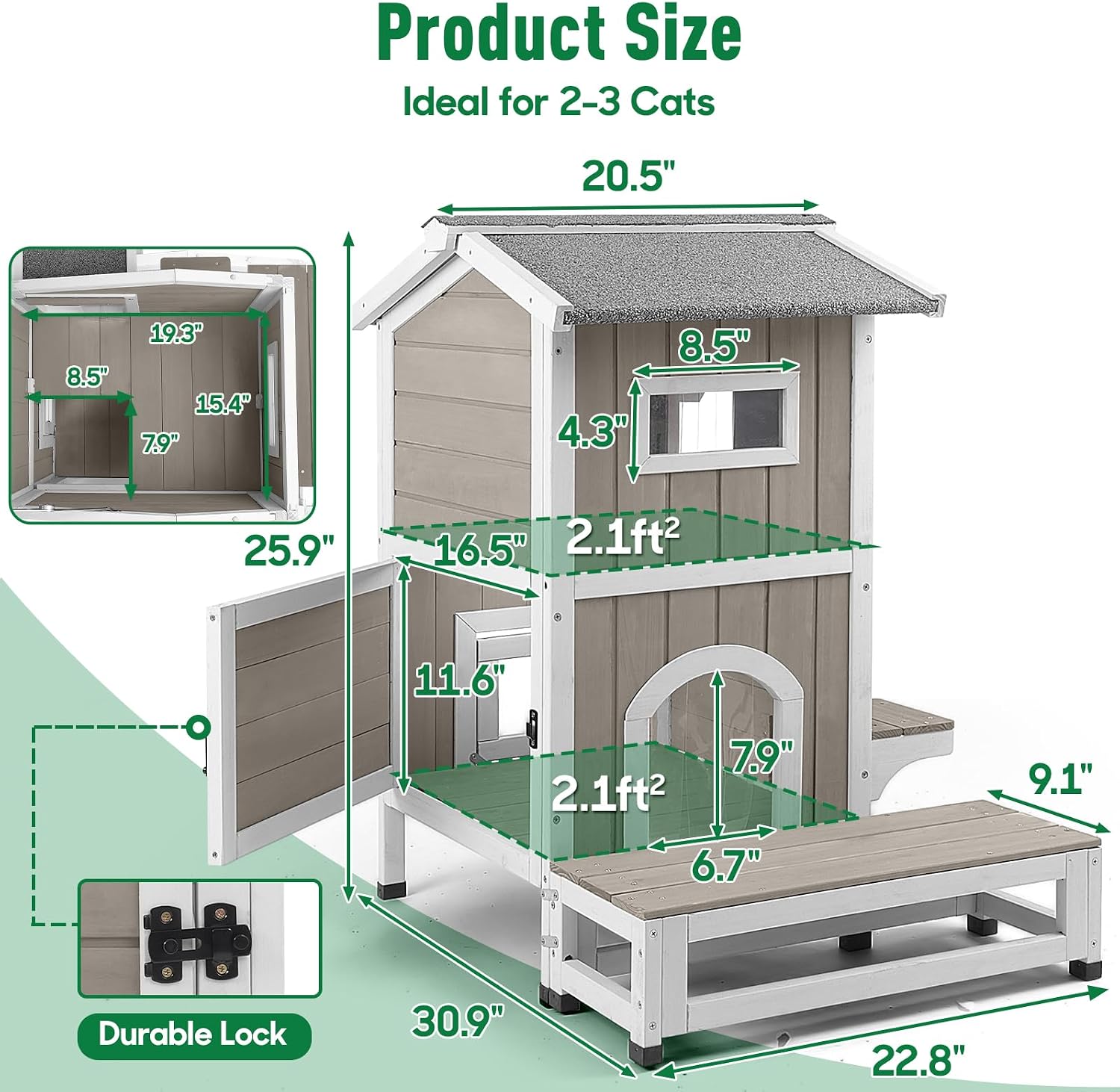 2-Story Wooden Cat House, Weatherproof Cat Shelter with 3 Platforms, 2 Escape Doors, Waterproof Roof, Removable Floor, Outdoor & Indoor, 24.8" L x 31.1" W x 35.3" H