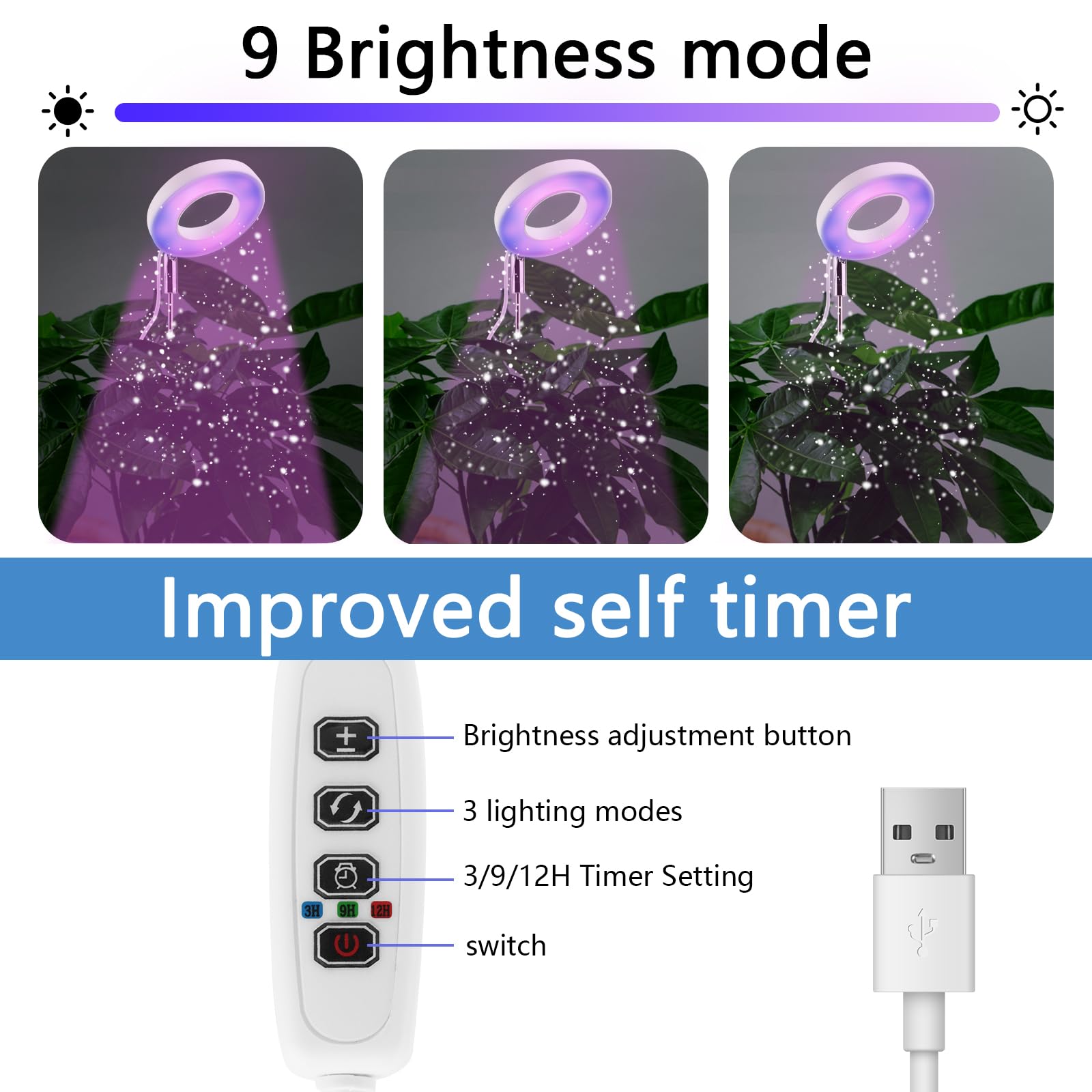 LWMTT Lámpara de Planta,48 LED Luz de Crecimiento de Espectro Completo,Luces de Crecimiento Ajustable en Altura con Temporizador 3/9/12H,9 Brillos,3 Modos,Lampara de Crecimiento para Plantas Pequeñas