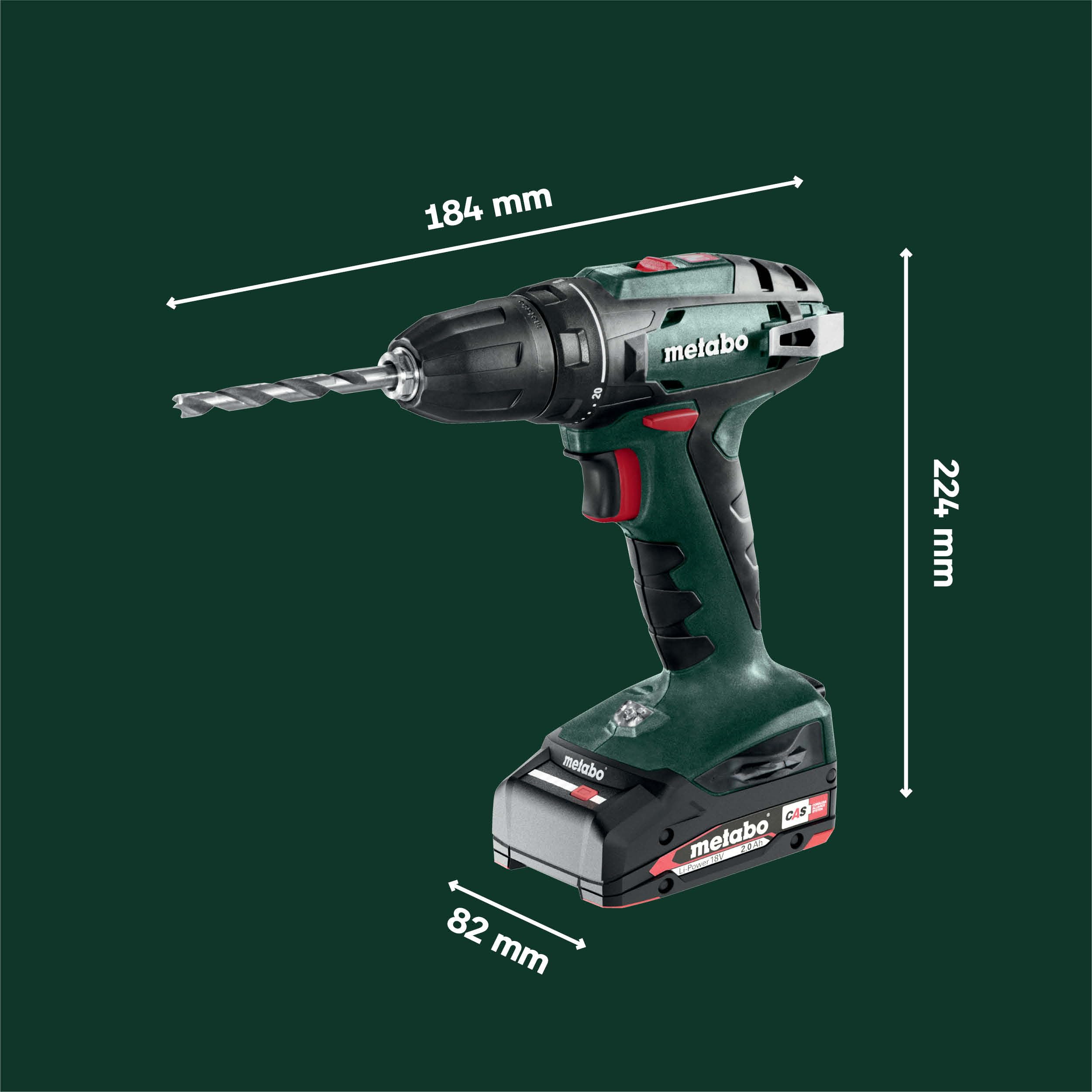 metabo Akku-Bohrschrauber BS 18 Set, 18 V Schrauber, 74-tlg. Zubehör-Set | Mobile Werkstatt im Koffer, inkl. 2 x 2.0 Ah Li-Power Akkus, Ladegerät, LED-Licht, Gürtelhaken, Schnellspannbohrfutter