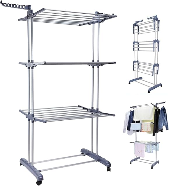 Voilamart 3 Tier Clothes Airer,Clothes Horse,Foldable Laundry Drying Clothes Rack Outdoor Indoor Heavy Duty Clothing Horse Garment Dryer Stand on Wheel