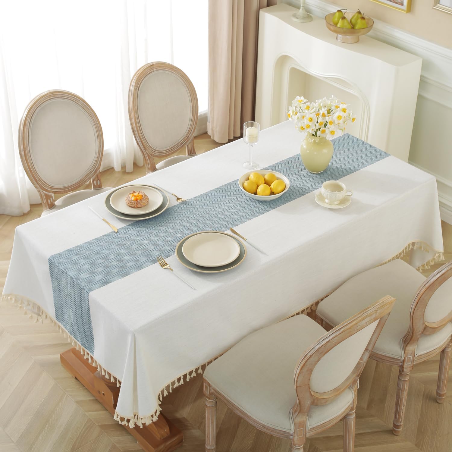 Alsoo Tablecloth for Dining Table Rustic Farmhouse Kitchen Wrinkle Free Table Cloths Coffee Table Cover, Cotton Linen Fabric Rectangle Tablecloth, Beige, Blue Stripe, 55x120 Inches
