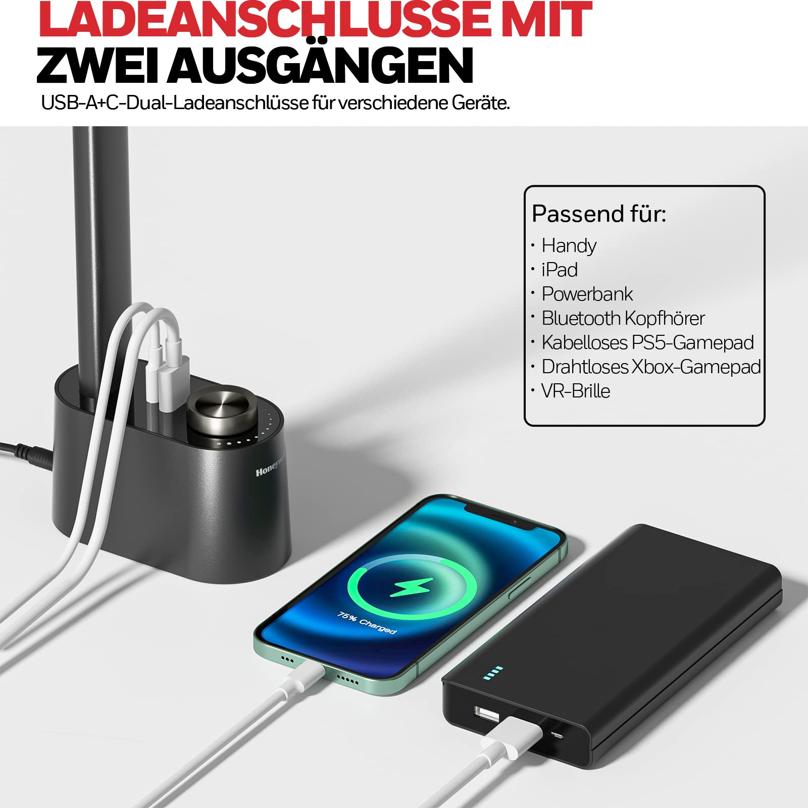 Honeywell H01 Pro augenschonende LED Tischleuchte für Zuhause | Sunturalux Chips, CRI≥95, 3000K-5500K, A+C Ladefunktion, dimmbare Tischleuchte für Studentenwohnheim, Schwarz