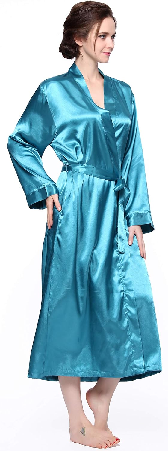 Lavenderi Women's Long Classic Satin Kimono Lounge Bathrobe Robe (Small, Turquoise) - Image 2