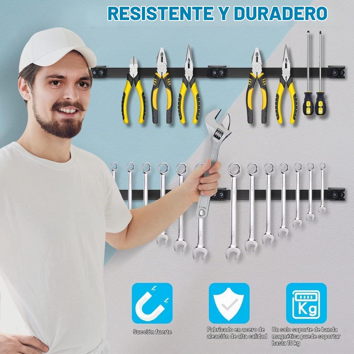 Juego de 5 barras magnéticas para herramientas, 40 cm, riel magnético fuerte, soporte magnético para herramientas de pared, soporte magnético para herramientas de garaje, organización