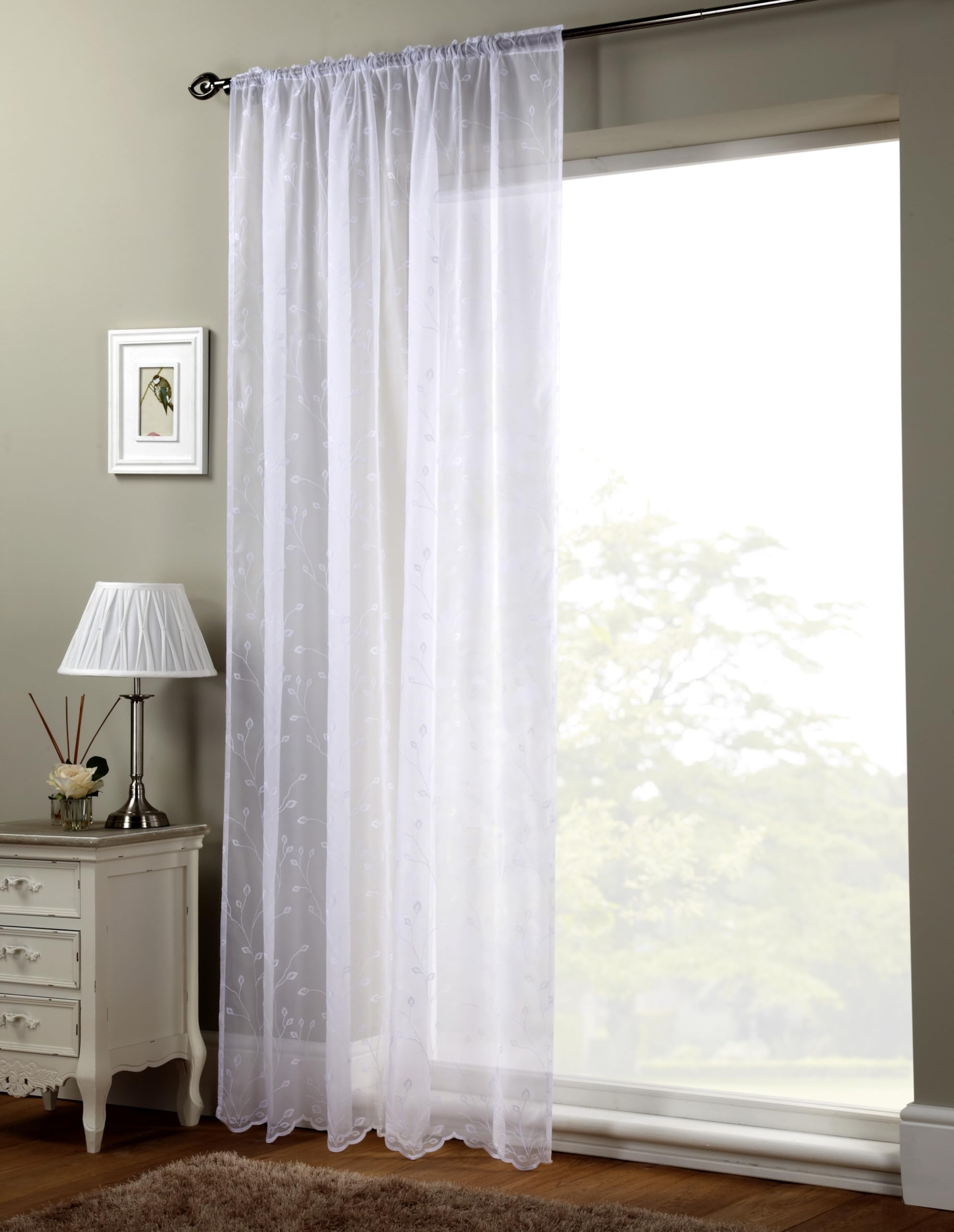 Serenity Sprig White Single Embroidered Voile Net Curtain Sheer Panels Slot Top Heading (140cm (55'') x 183cm (72''))
