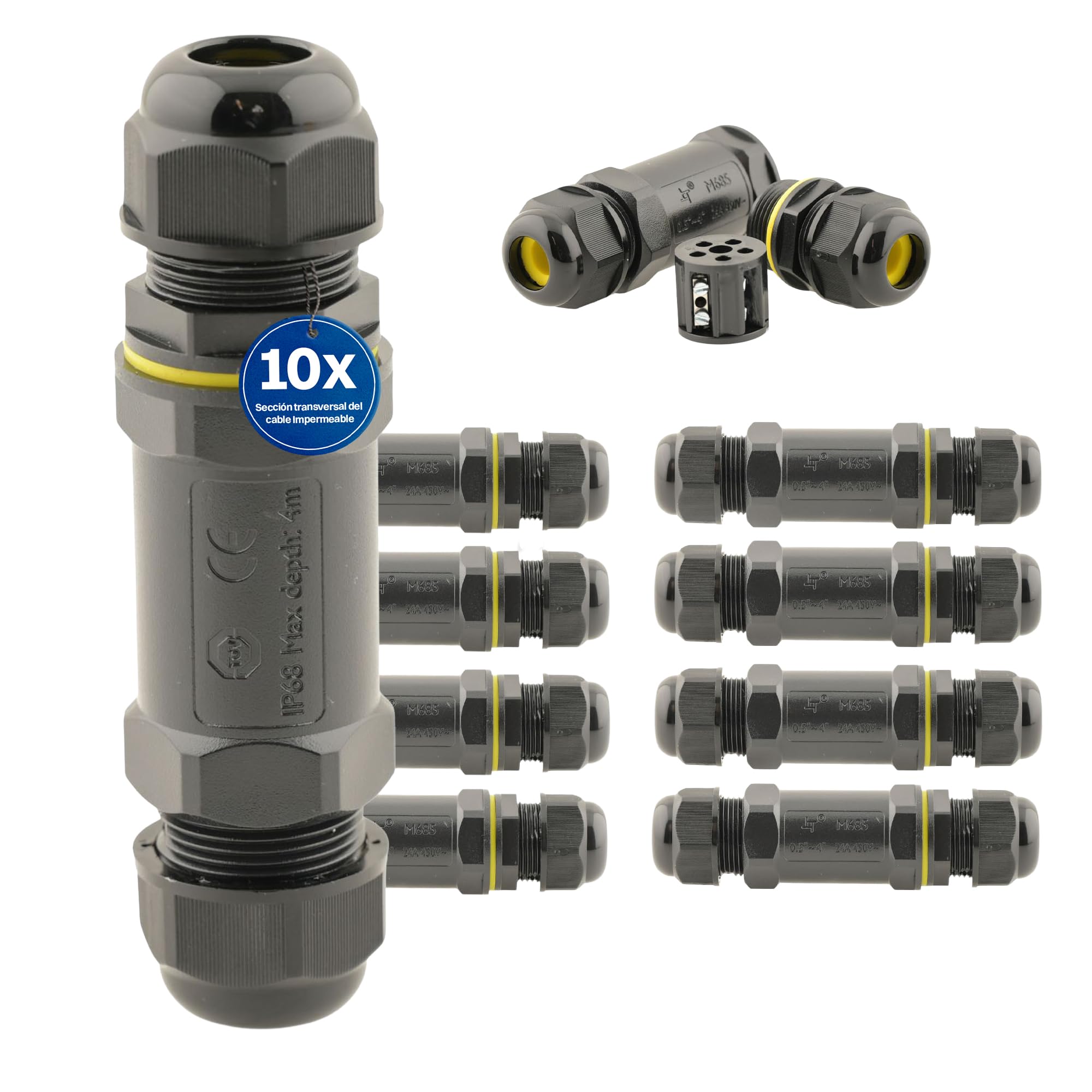 Intratec 10x Conectores de Cable Impermeables IP68 con 2 Entradas – Conector de 3 Polos 24A 450V AC para Instalación Fácil en Casa y Jardín, M25 Diámetro de Cable 4-14 mm
