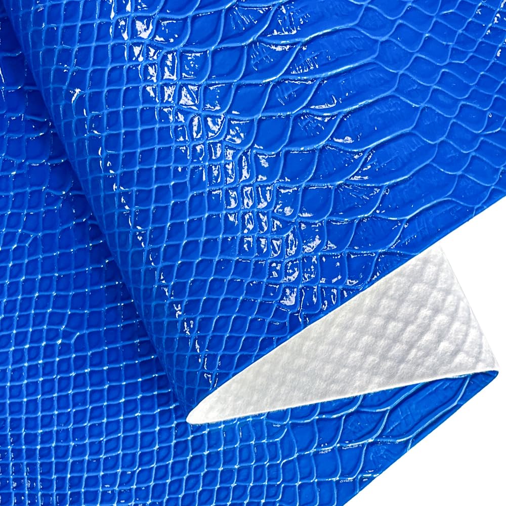 ONEART Rollo de piel sintética brillante con espejo de 12 x 54 pulgadas, piel de serpiente en relieve, tela de vinilo sintético para lazos, joyas, manualidades, color azul
