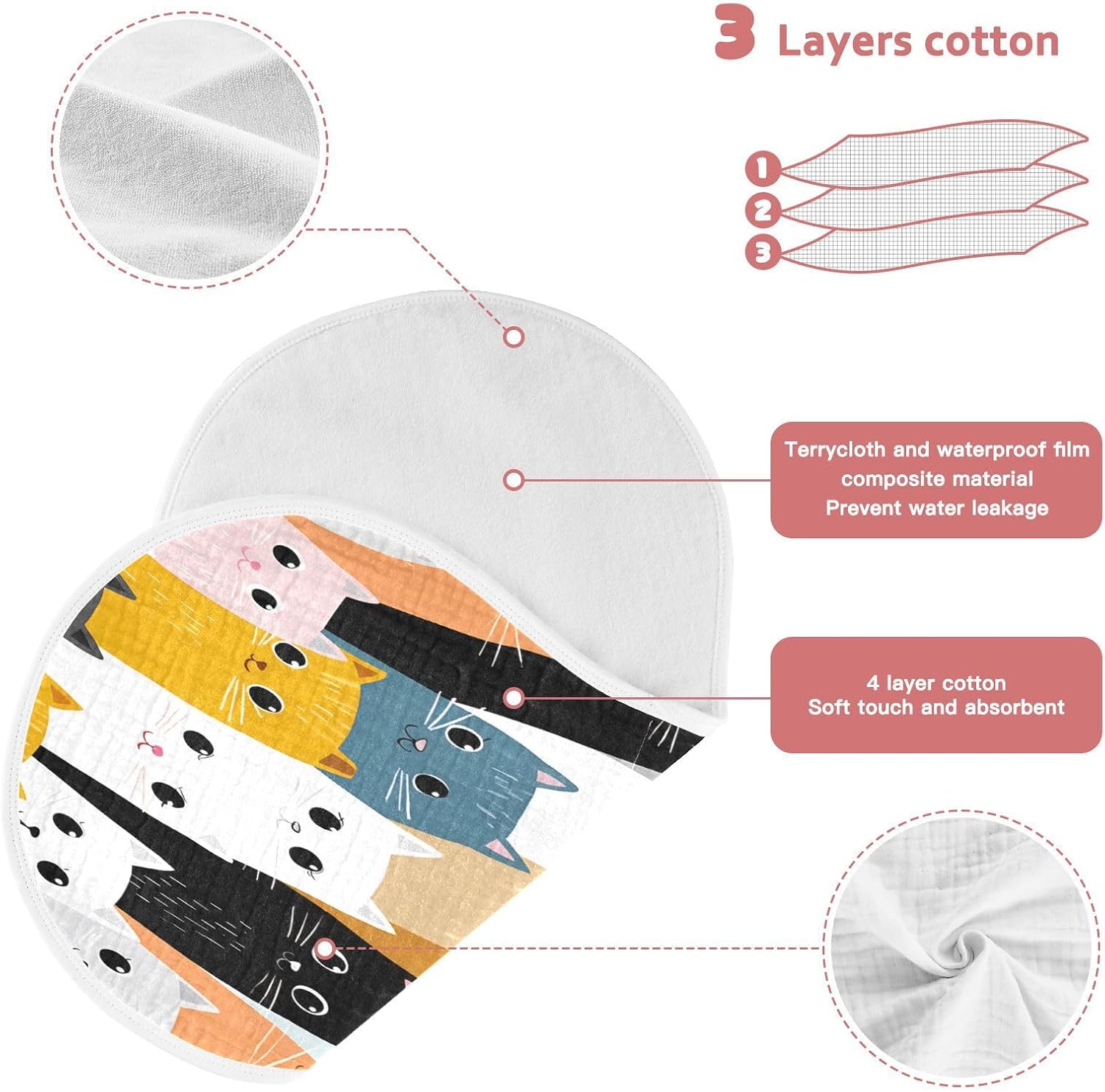 Multicolor Cat Heads Pattern Art Pattern Baby Burp Cloths -4Pcs Soft Absorbent Muslin Washcloths Bibs Face Towel for Newborn Boys Girls 22 x 11 Inch
