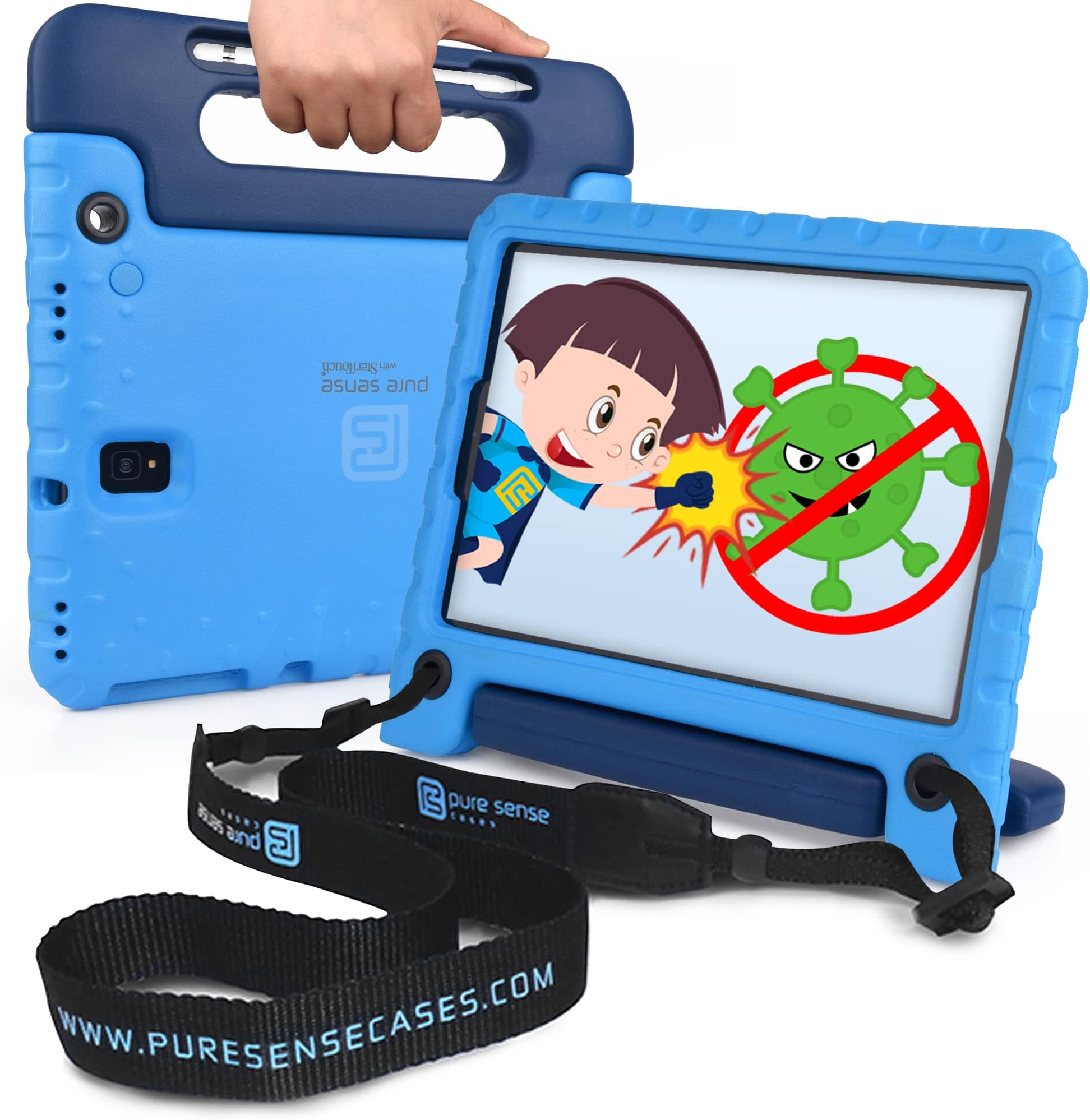 Pure Sense Buddy [Anti-Microbial Kids Case] Child Proof Case for Samsung Tab E 9.6 | Full Kit: Case, Shoulder Strap, Screen Protector, Spray