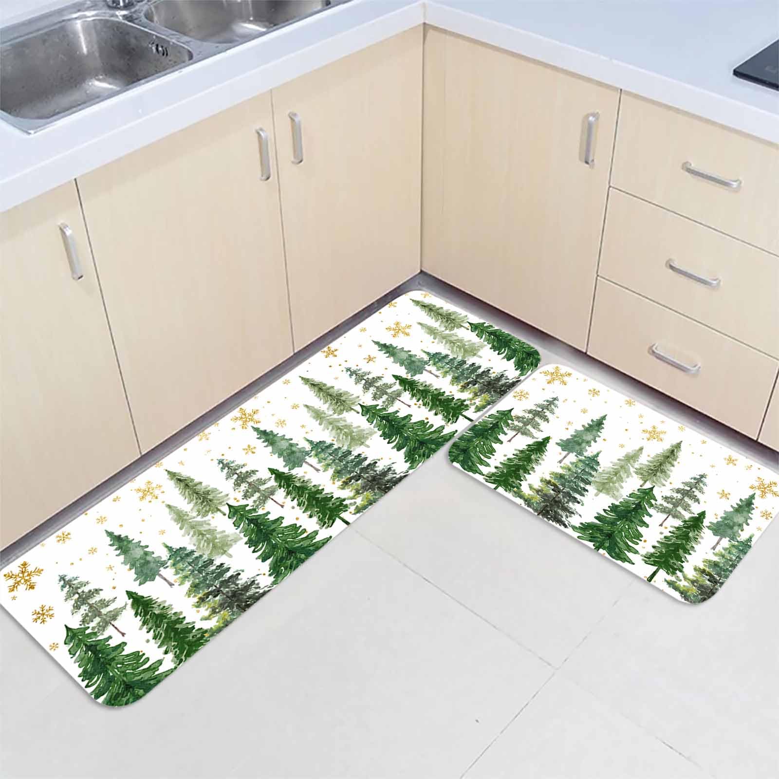 Christmas Kitchen Rugs Set 2 Pieces, Green Pine Tree Xmas Kitchen Mats for Floor Winter Snowflake Standing Floor Mat, Low-Profile Runner Rug for Christmas Winter Holiday Decorations 16