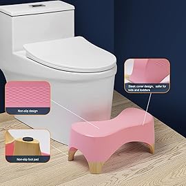 Toilet Stool,7 Squatting Poop Stool- 550 lbs Weight Capacity, Toilet Potty Stool for Adults and Kids with Non-Slip mat (Pink/Bamboo Color)