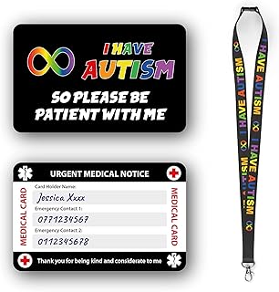 Autism Autistic Anxious Non-Verbal Awareness Medical Card, Autism Card with Writable Panel and Autism Patterned Lanyard with Waterproof Card Holder (I Have Autism Card & Autism Lanyard)