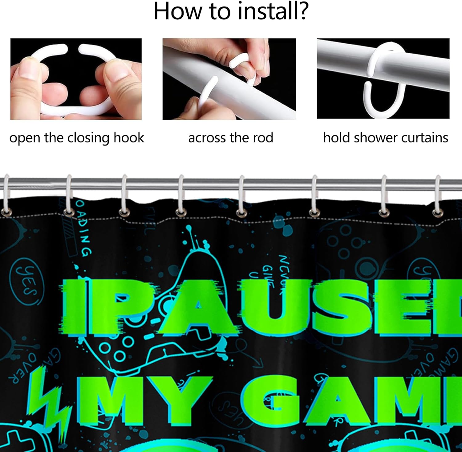 Gamer Shower Curtains for Boys, 4Pcs Green Games Bathroom Shower Curtain Set, Video Games Pattern Bathroom Sets and Rugs with 12 Hooks, 70" x 70"