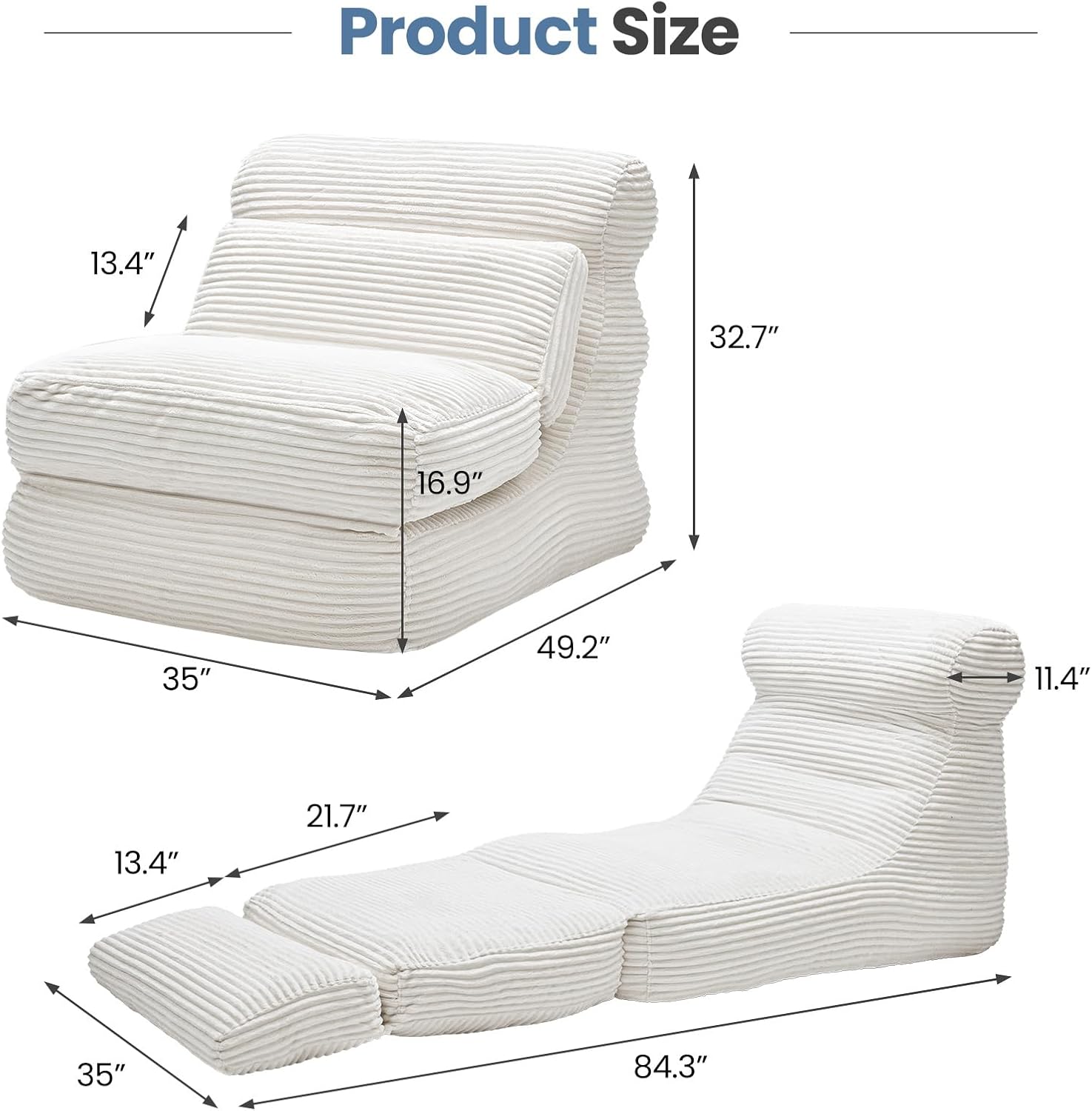 DUMOS 84" 3-in-1 Convertible Boneless Sofa Bed, Foldable Comfy Futon Sleeper Sofa Bed Couch with Back Support, Comfortable Modern Folding Floor Chair for Bedroom Living Room, Office, Apartment, White