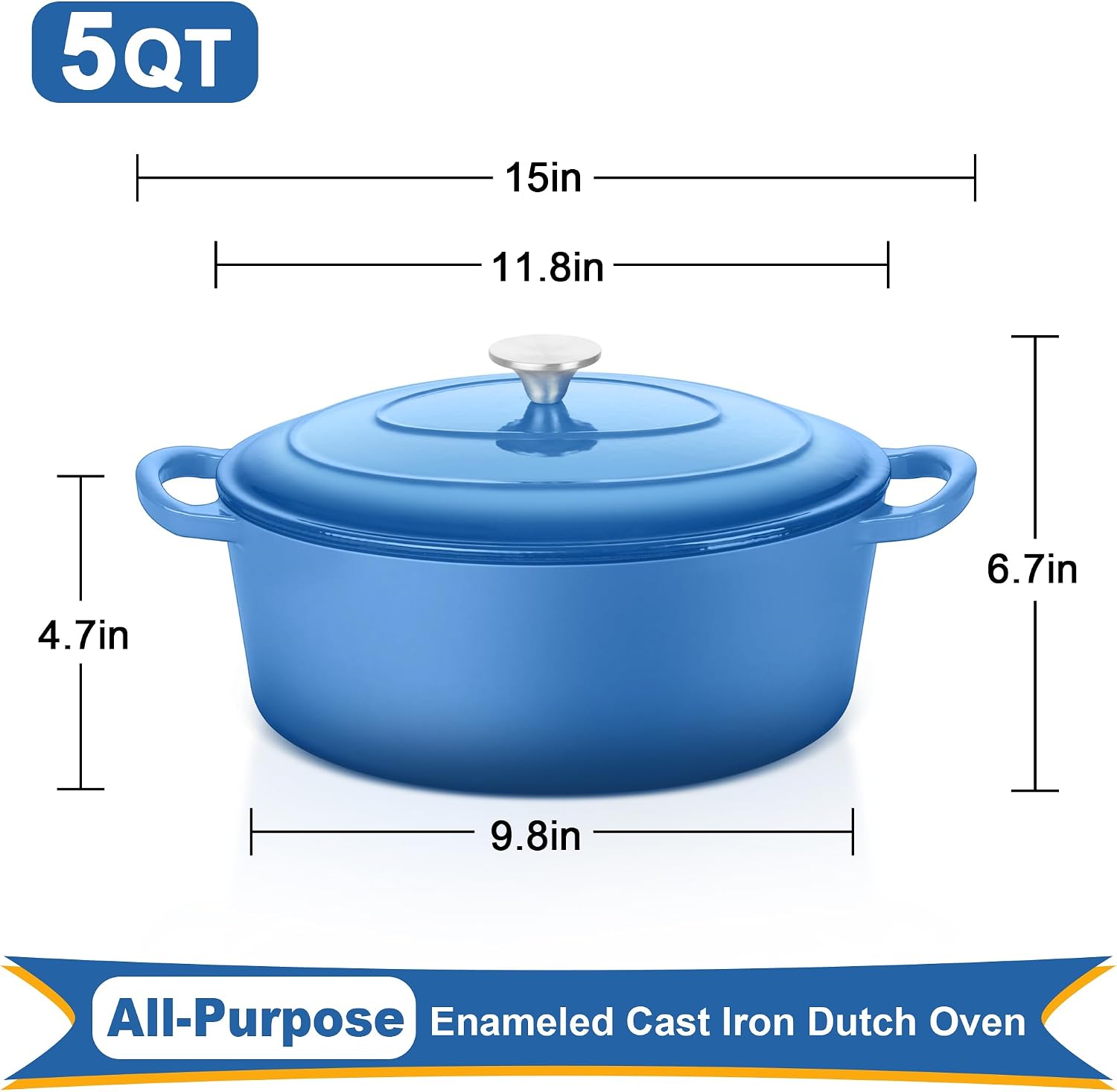 E-far 5QT Oval Dutch Oven Pot with Lid, Blue Enameled Cast Iron Dutch Oven