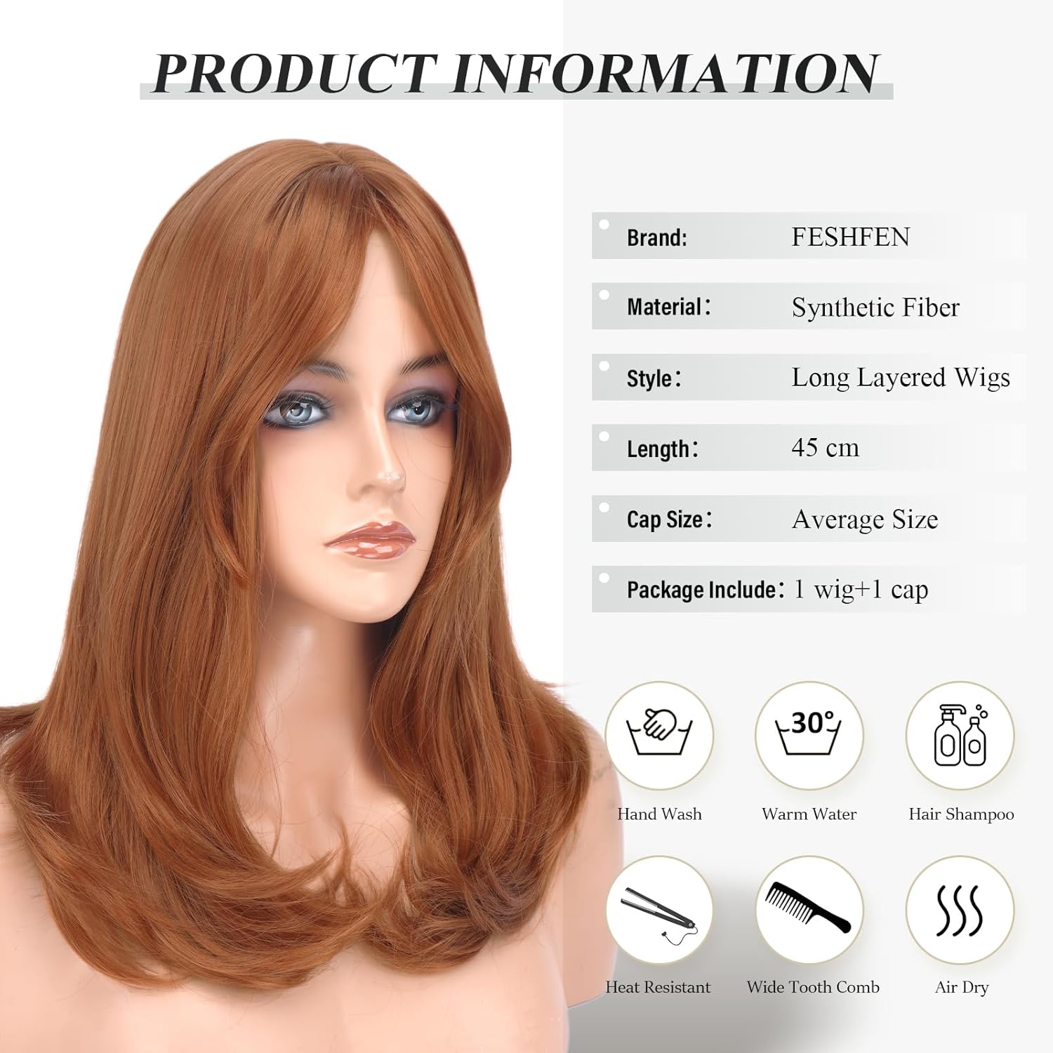 FESHFEN Wigs with Bangs for Women, Synthetic Natural Looking Long Layered Straight Hair Wig for Women Daily Party Costume, 18 inch Copper Red