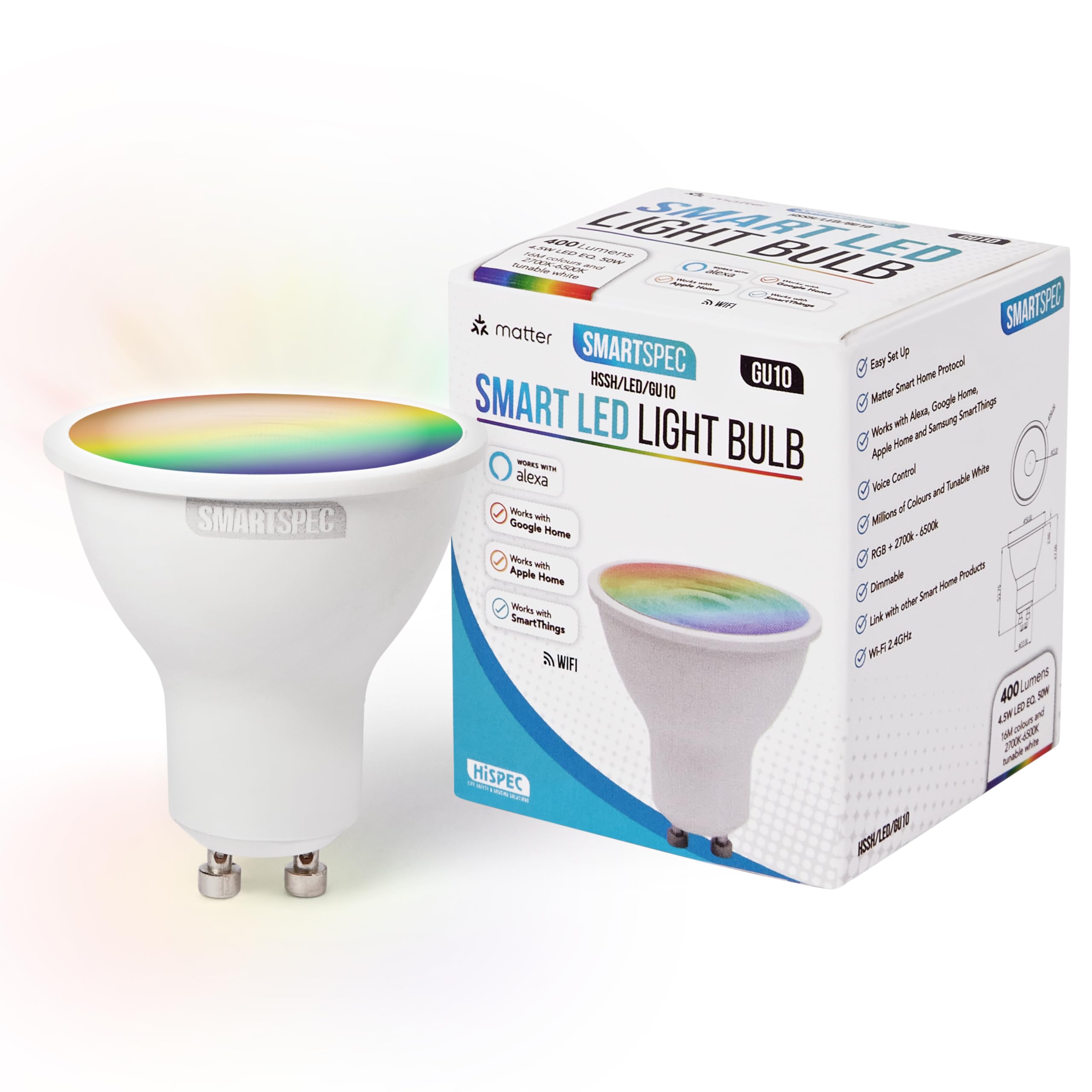 SMARTSPEC SMARTSPEC Smart Bulb, Smart WiFi LED Light. Works with Amazon Alexa, Google Home, Apple Home. Colour Changeable. Multicolour Smart Light Bulb ACK Matter GU10