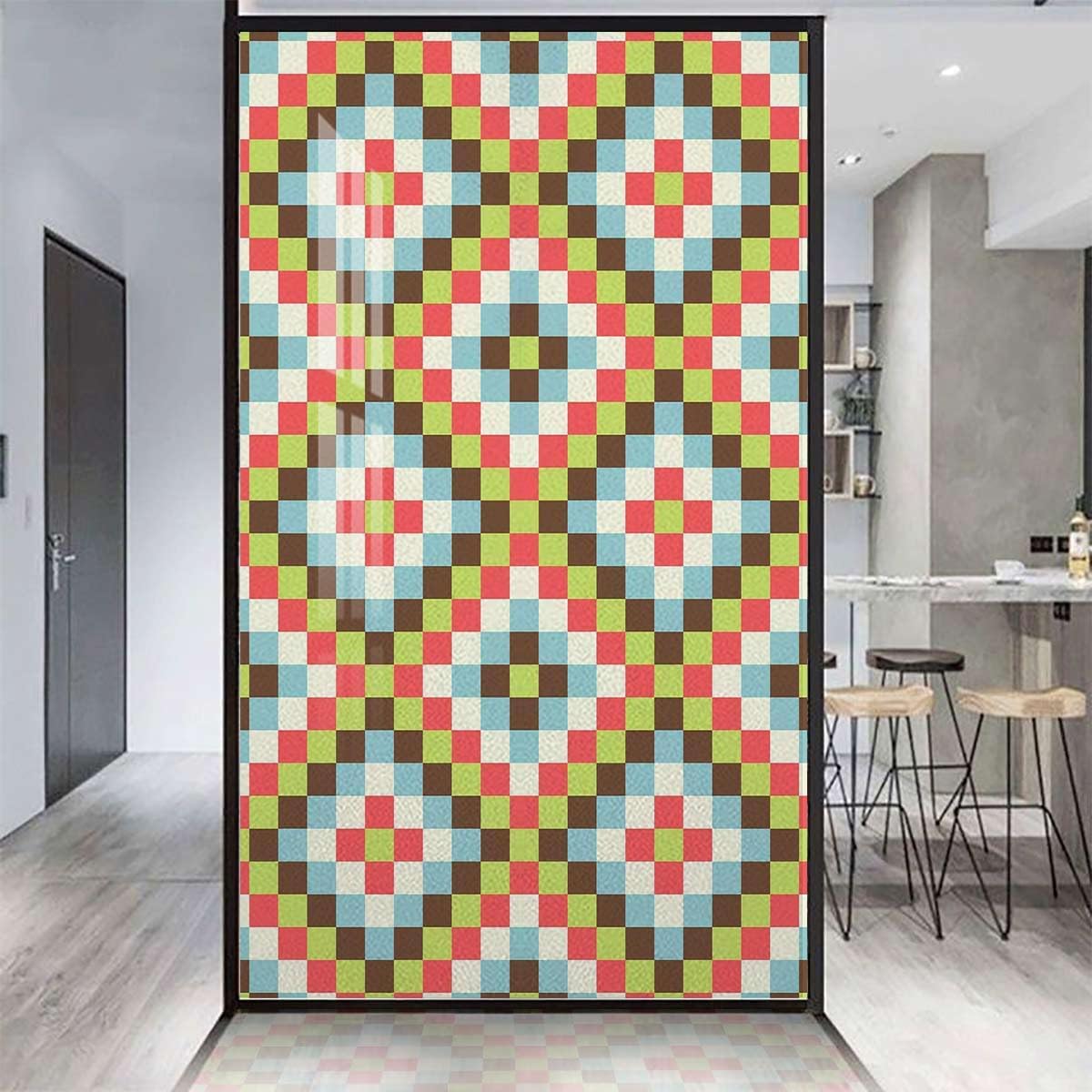 Blue No Adhesive Stained Glass Window Decor Traditional Ceramics Tiles Patterns Glass Film Static Cling Opaque Window Stickers Geometrical 35.4Wx78.7L-inch