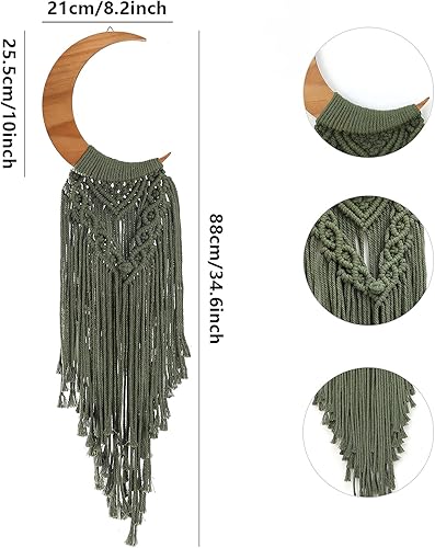 Vista 7 de ANROYE Macramé para colgar en la pared, decoración bohemia de luna creciente con borla larga, tapiz de madera único hecho a mano, decoración