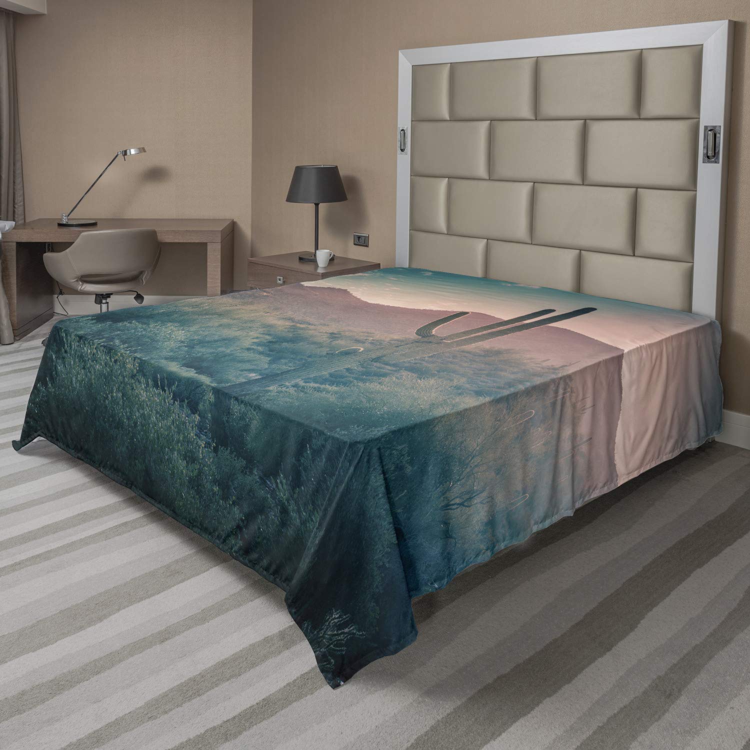 Lunarable Cactus Flat Sheet, Natural Landscape Appearance Abandoned Herbage Southwestern Weather Photography, Soft and Comfortable Top Sheet Decorative Bedding 1 Piece, Full Size, Multicolor