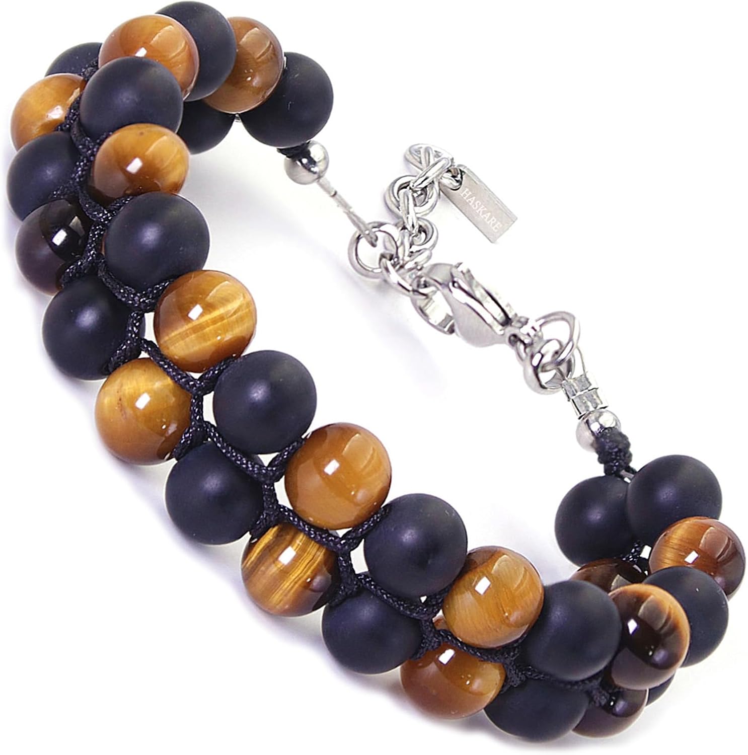 HASKARE Mens Tigers Eye Bracelet, Natural Stone Double Tiger Eye Adjustable Durable Wired Beads Bracelet for Men Premium Protection Gemstone Men Jewelry for Gift Christmas Father's Day