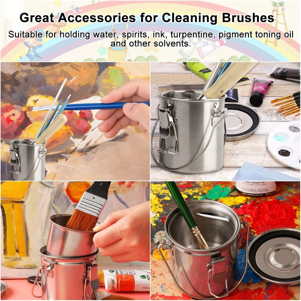 WENRERO Air Tight Brush Washer Portable Stainless Steel Brush Cleaner Artist Brush Washing Bucket Leak-Proof Wash Pen Barrel Pot with Lid & Handle & Filter Screen for Oil Painting Watercolour, Silver