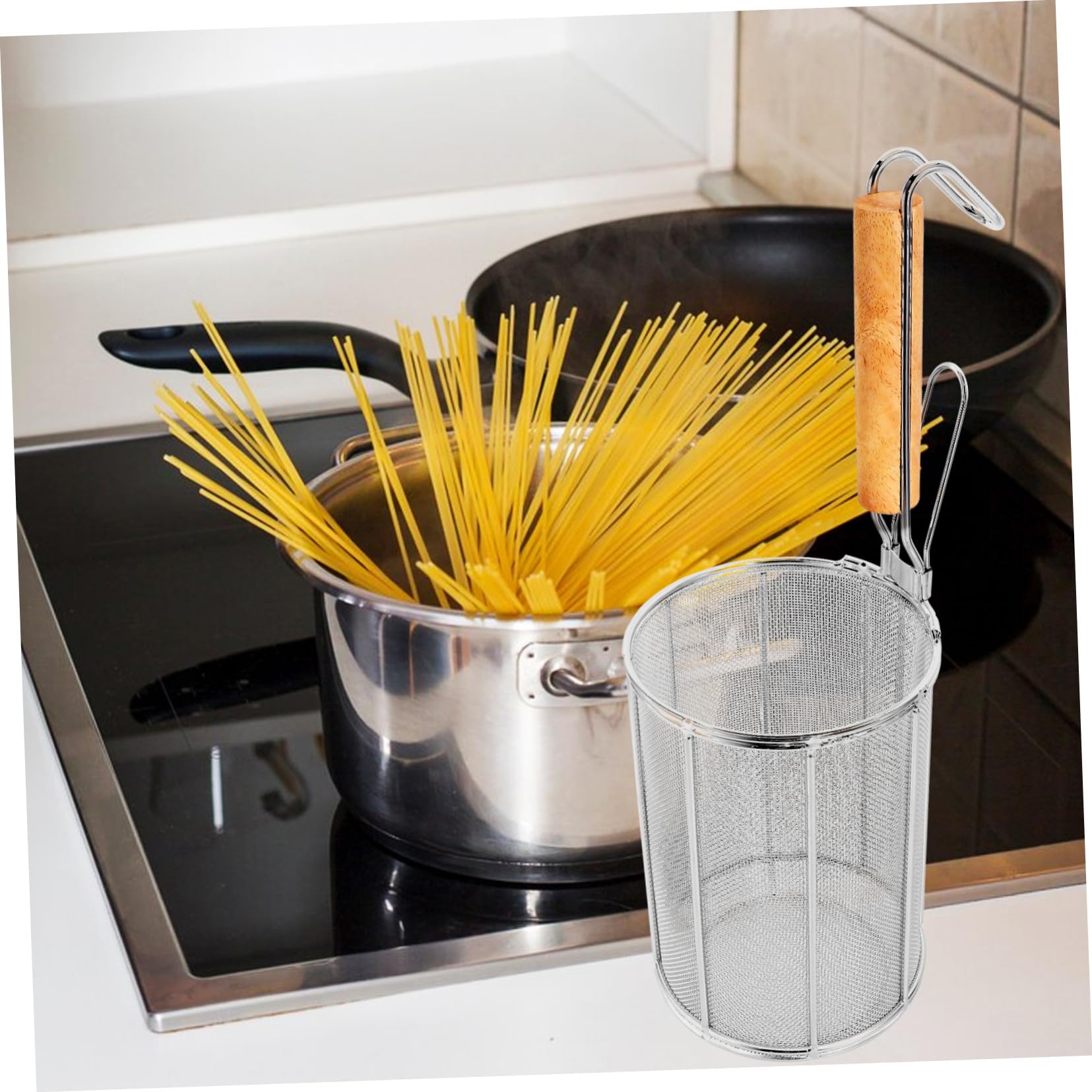 STOBAZA Colador de Pasta de Acero Inoxidable con Asa de Madera Colador de Malla para Escurrir Fideos para Uso Cocina