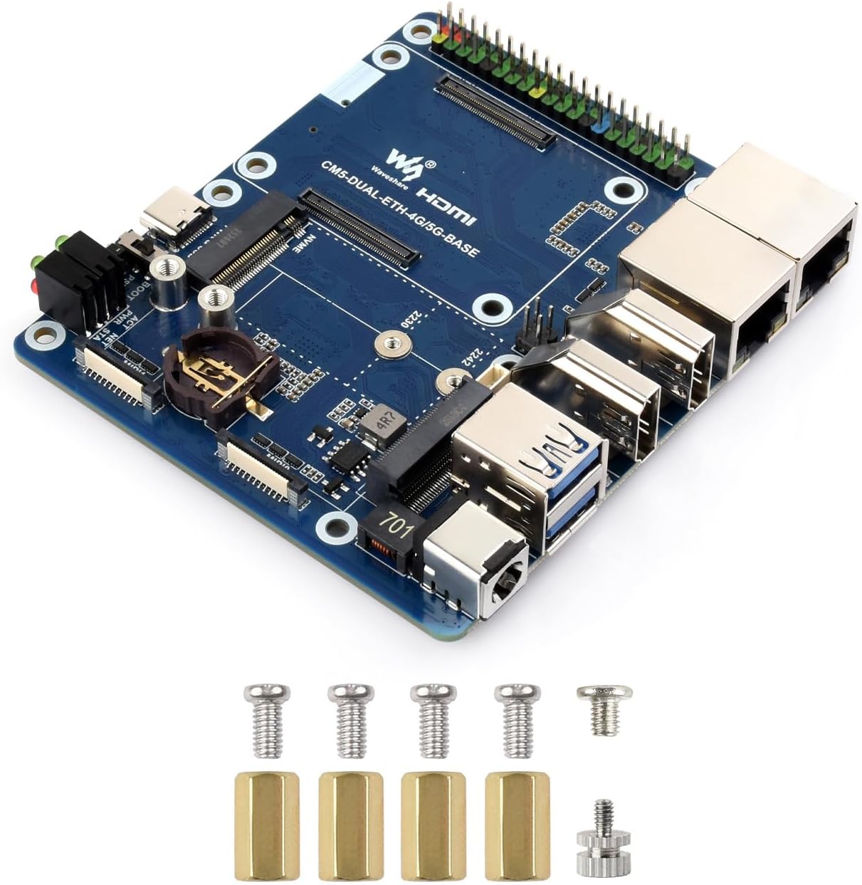 Waveshare Dual Ethernet Base Board, Compatible with Raspberry Pi CM5, Supports 4G/5G, Dual 4K Display Outputs, Dual MIPI Interfaces, 40PIN GPIO Header, Dual USB 3.2 Gen1 Ports, PoE Module Support
