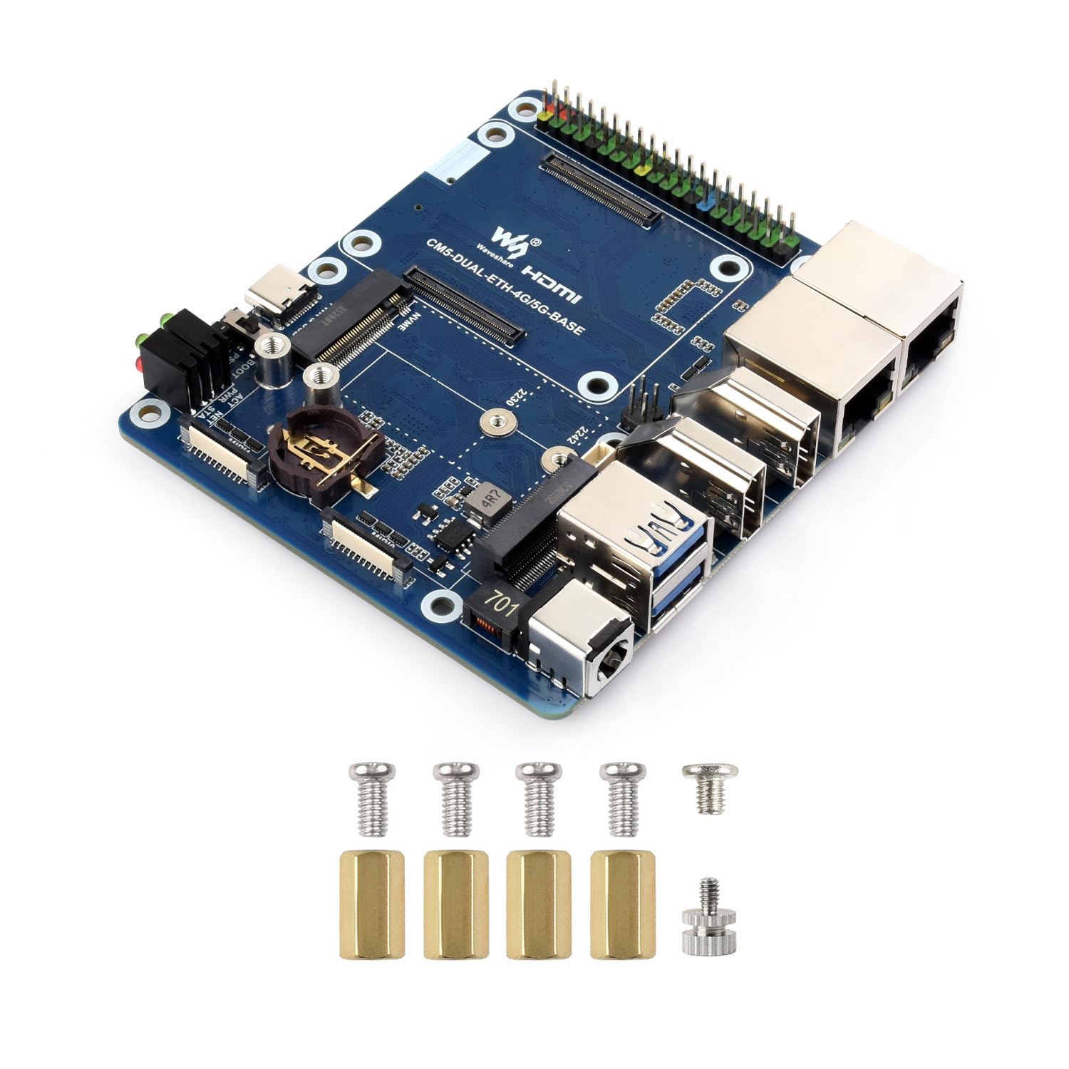 Waveshare Dual Ethernet Base Board, Compatible with Raspberry Pi CM5, Supports 4G/5G, Dual 4K Display Outputs, Dual MIPI Interfaces, 40PIN GPIO Header, Dual USB 3.2 Gen1 Ports, PoE Module Support