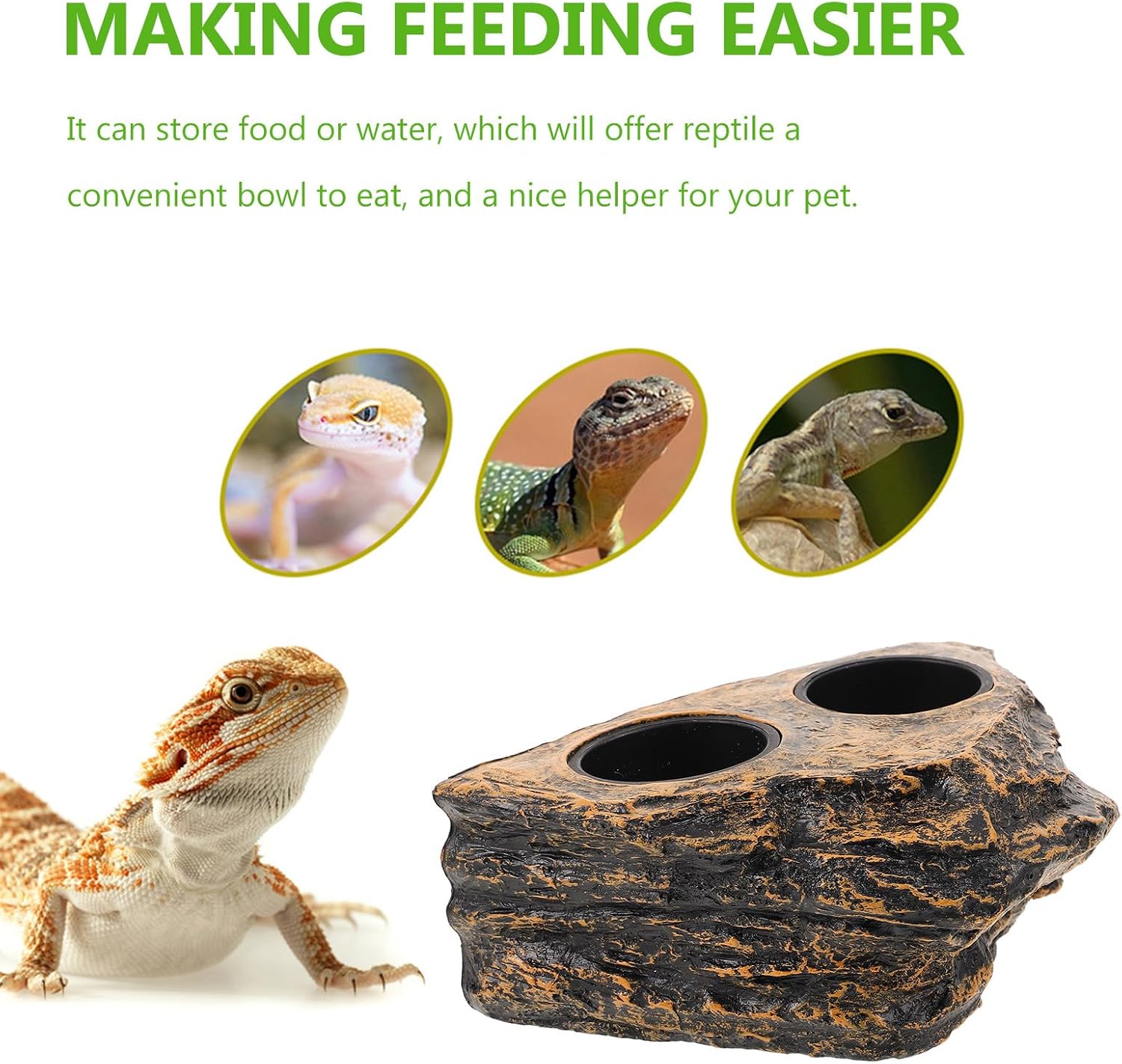 Toyvian Reptile Food Water Bowl Double Compartment Resin Pet Feeding Container Terrarium Food Feeding Bowl Suitable for Geckos Lizards and Snakes