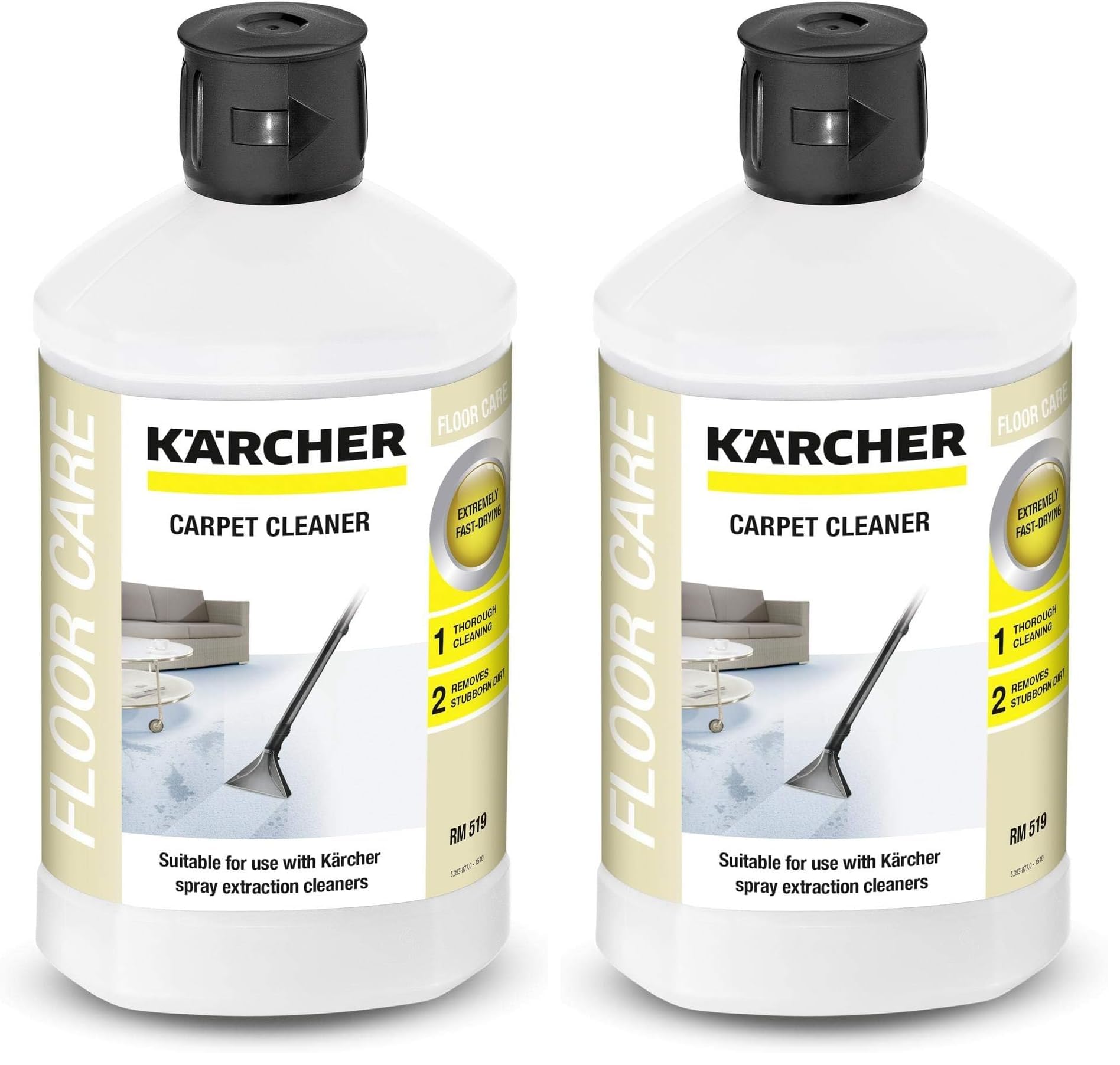 Kärcher Teppichreiniger RM 519, geeignet für die Reinigung von Teppichböden, Polstern, Autositzen etc., 1l Konzentrat ergeben verdünnt 40l Reinigungsmittel (Packung mit 2)
