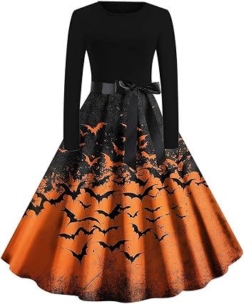 Halloween Dress for Women 1950s Vintage Hepburn A-Line Party Midi Dresses Long Sleeve Evening Prom Ball Gowns