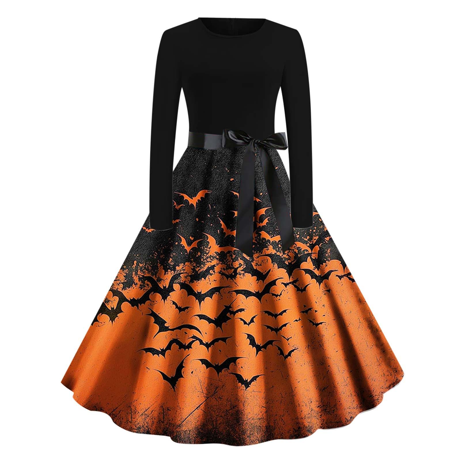 HAOLEI Halloween Costumes Adult Women, Ladies Halloween Dress Retro Pumpkin Skeleton Print Long Sleeve A Line Swing Dress Black Vintage Skull Witch Rockabilly Party Cocktail Novelty Dresses